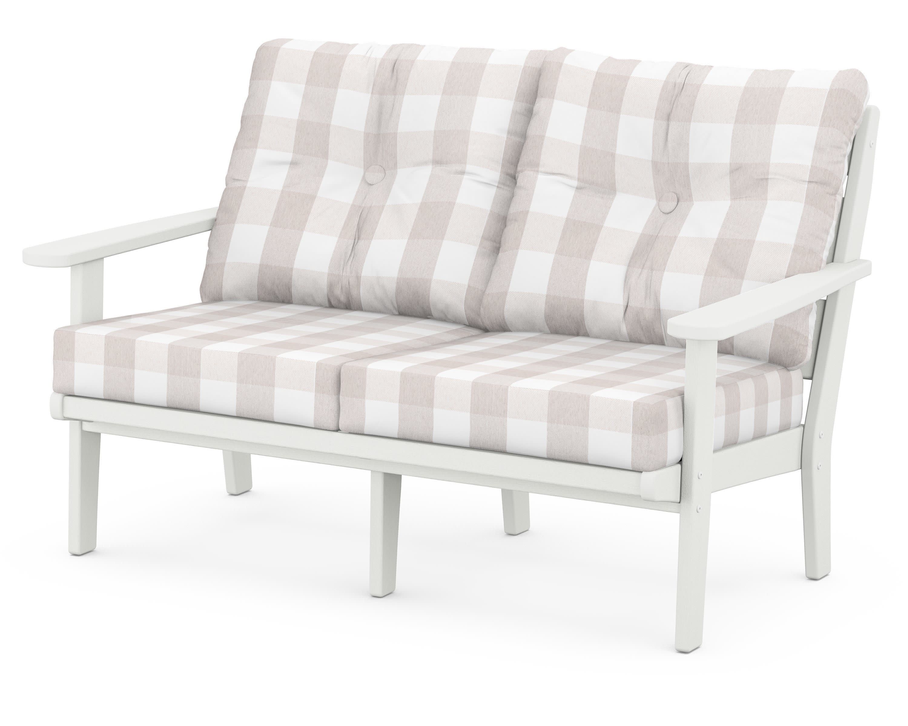 Lakeside Deep Seating Loveseat in Vintage White / Buffalo Plaid Dune Burlap