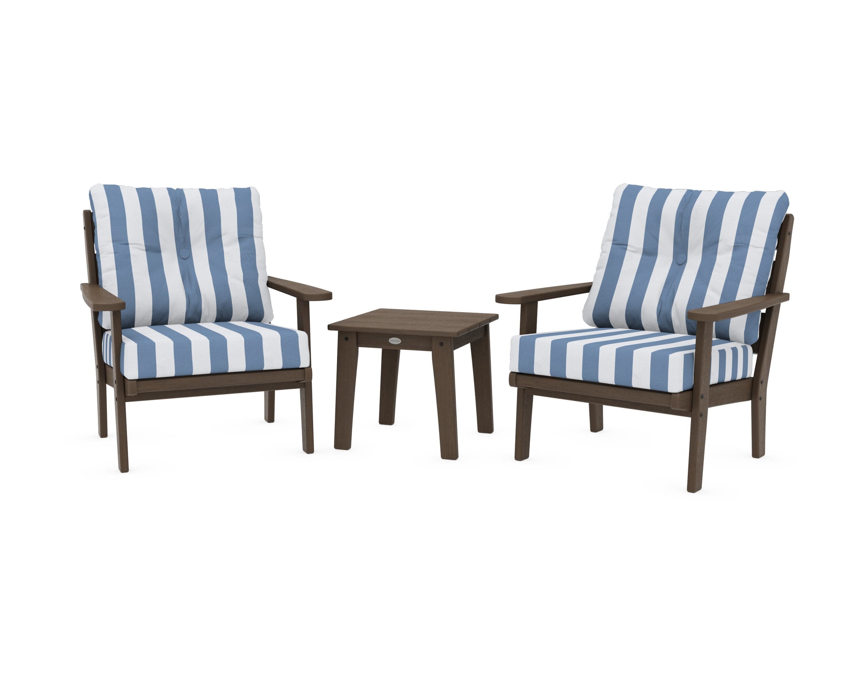 Lakeside 3-Piece Deep Seating Chair Set in Kona / Cabana Stripe Sky Blue