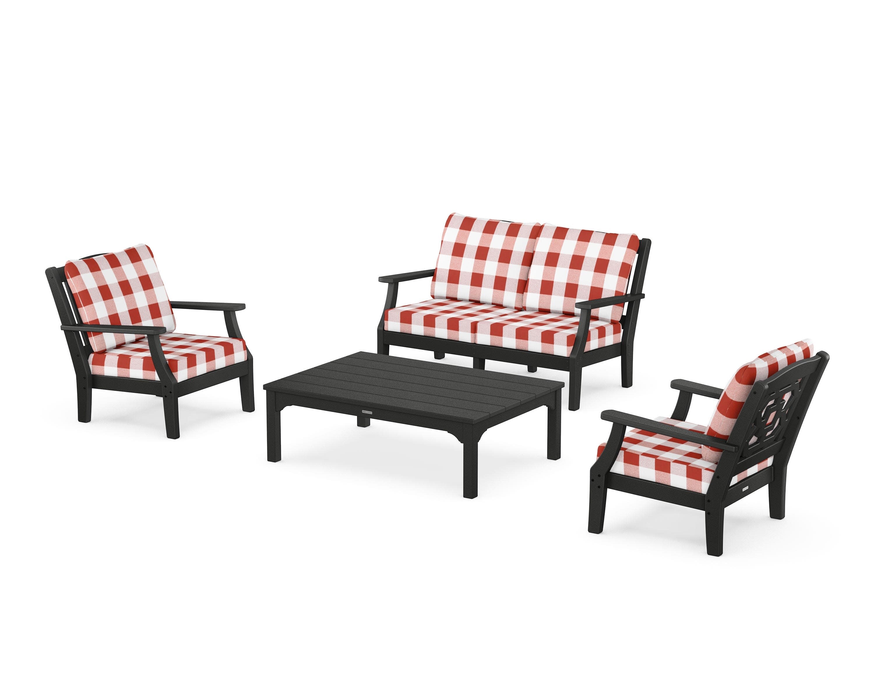 Chinoiserie 4-Piece Deep Seating Set with Loveseat in Black / Buffalo Plaid Crimson