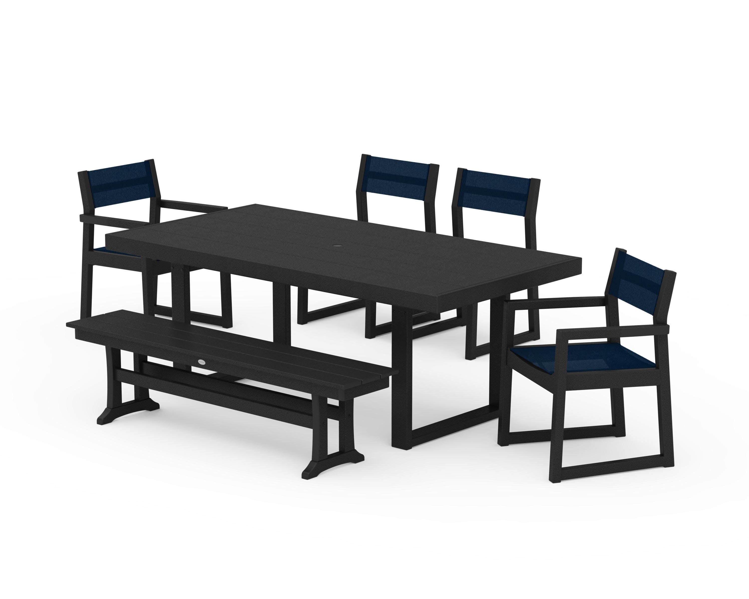 EDGE Sling 6-Piece Dining Set with Bench in Black / Navy Blue Sling