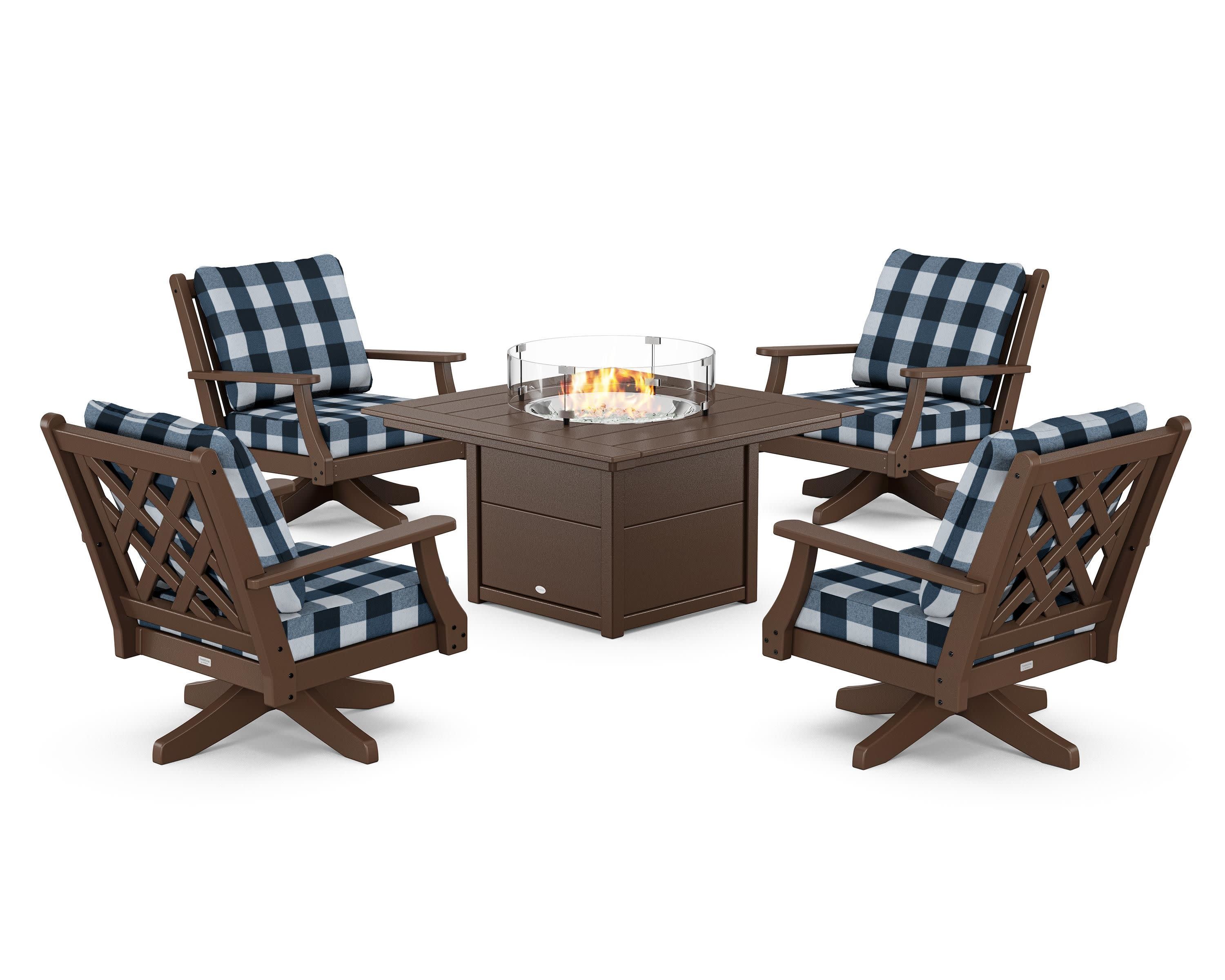Wovendale 5-Piece Deep Seating Swivel Conversation Set with Fire Pit Table in Mahogany / Buffalo Plaid Marine Indigo