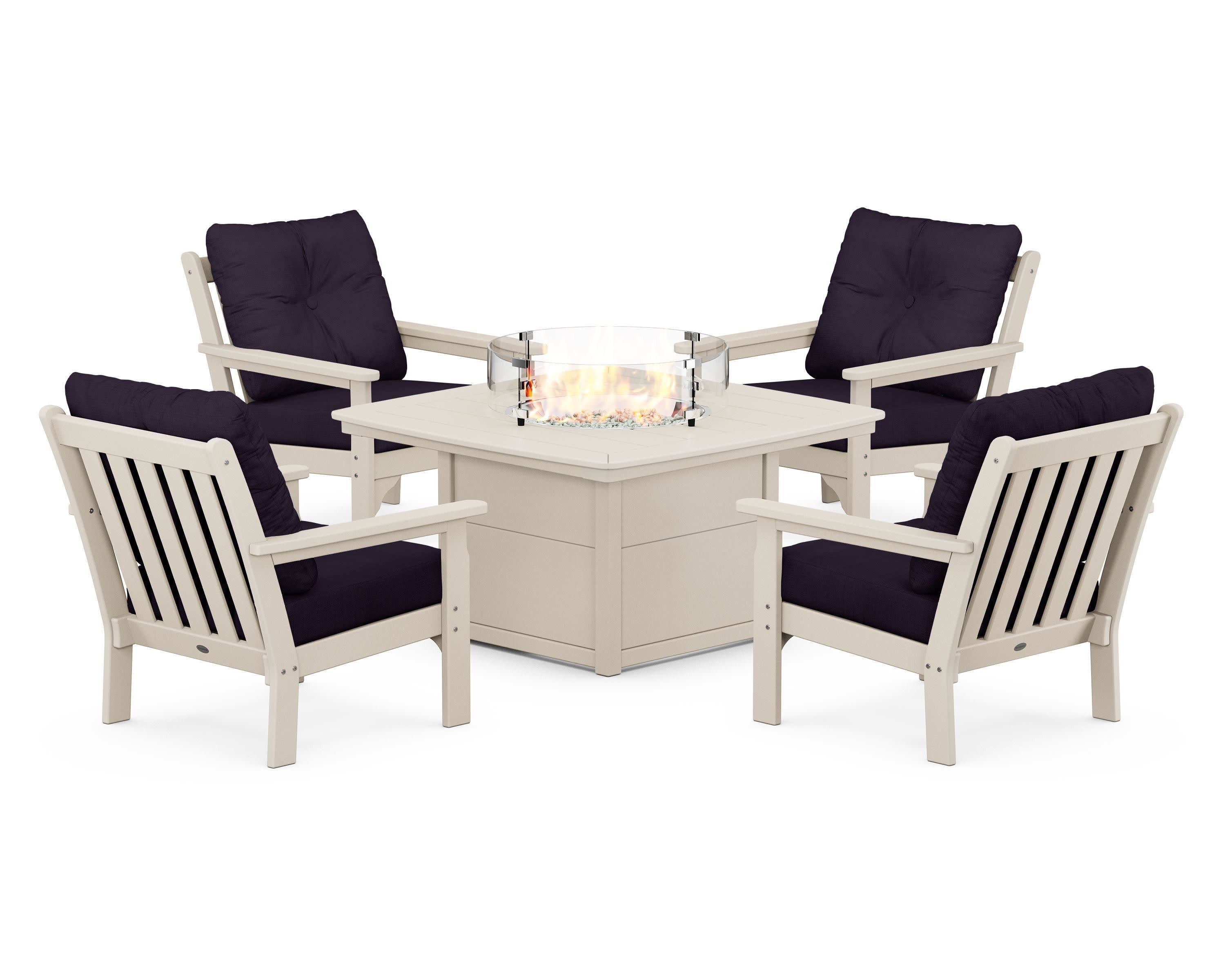Vineyard 5-Piece Conversation Set with Fire Pit Table in Sand / Navy Linen