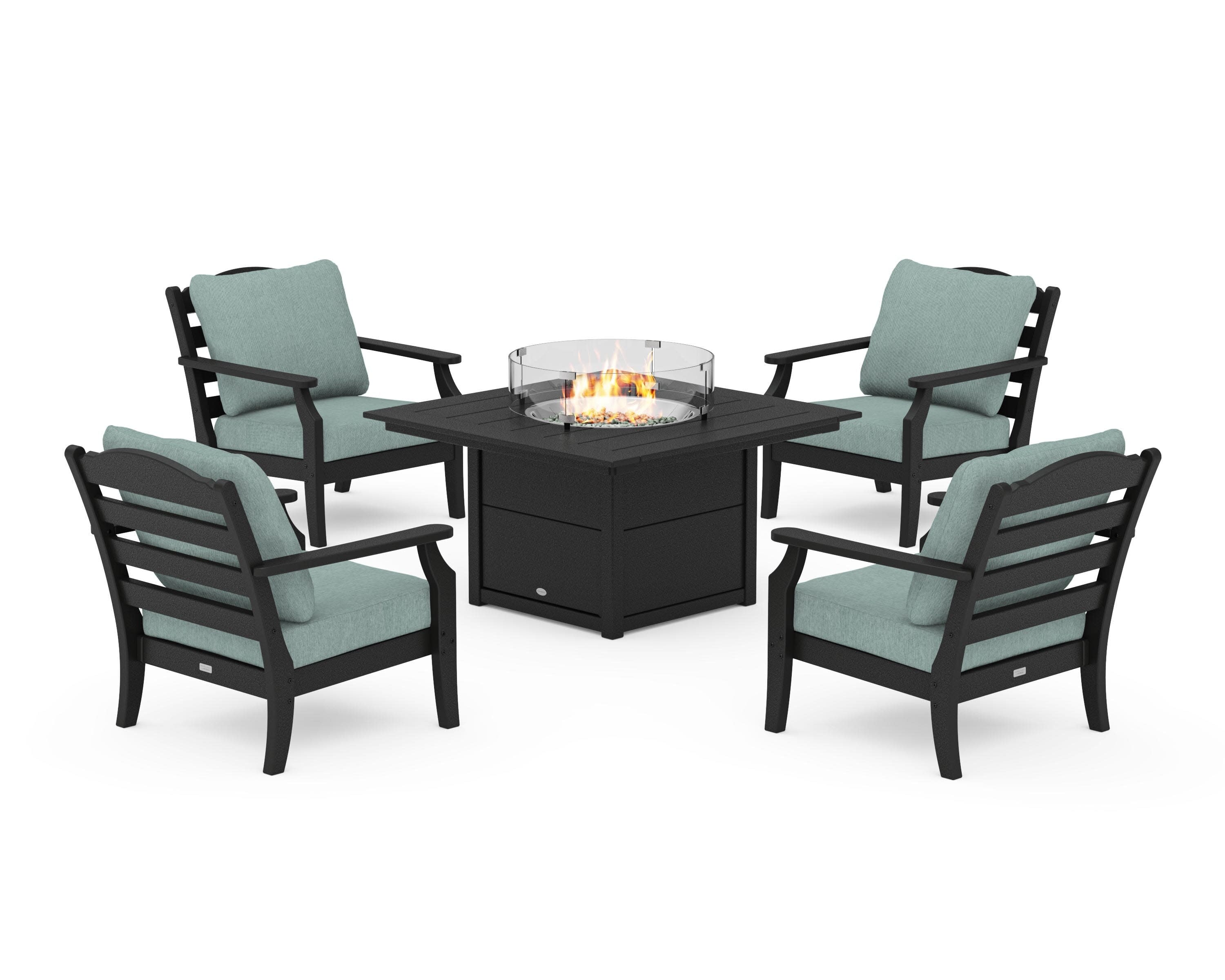 Savannah 5-Piece Deep Seating Set with Fire Pit Table in Black / Glacier Spa