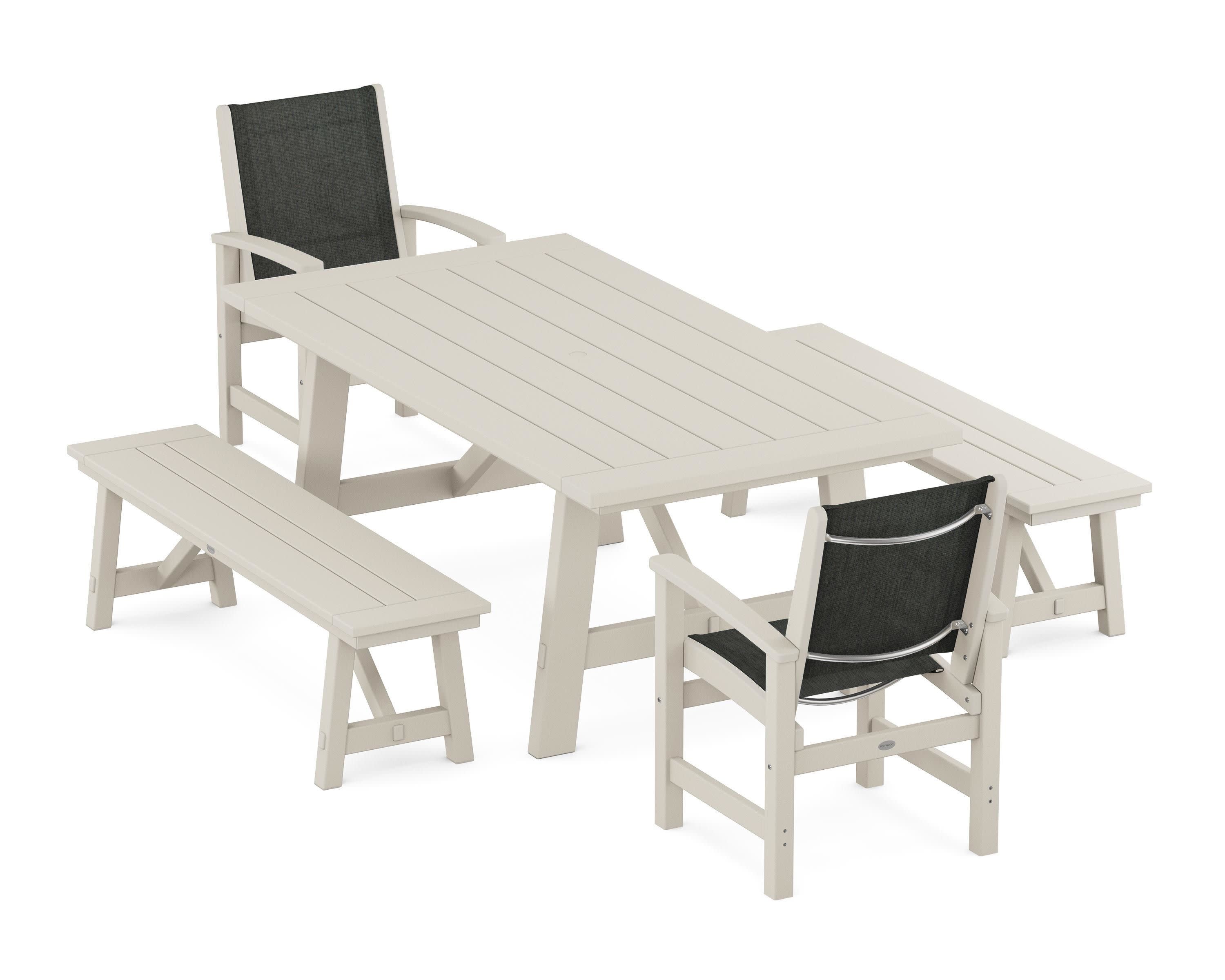 Coastal 5-Piece Rustic Farmhouse Dining Set With Benches in Sand / Ember Sling