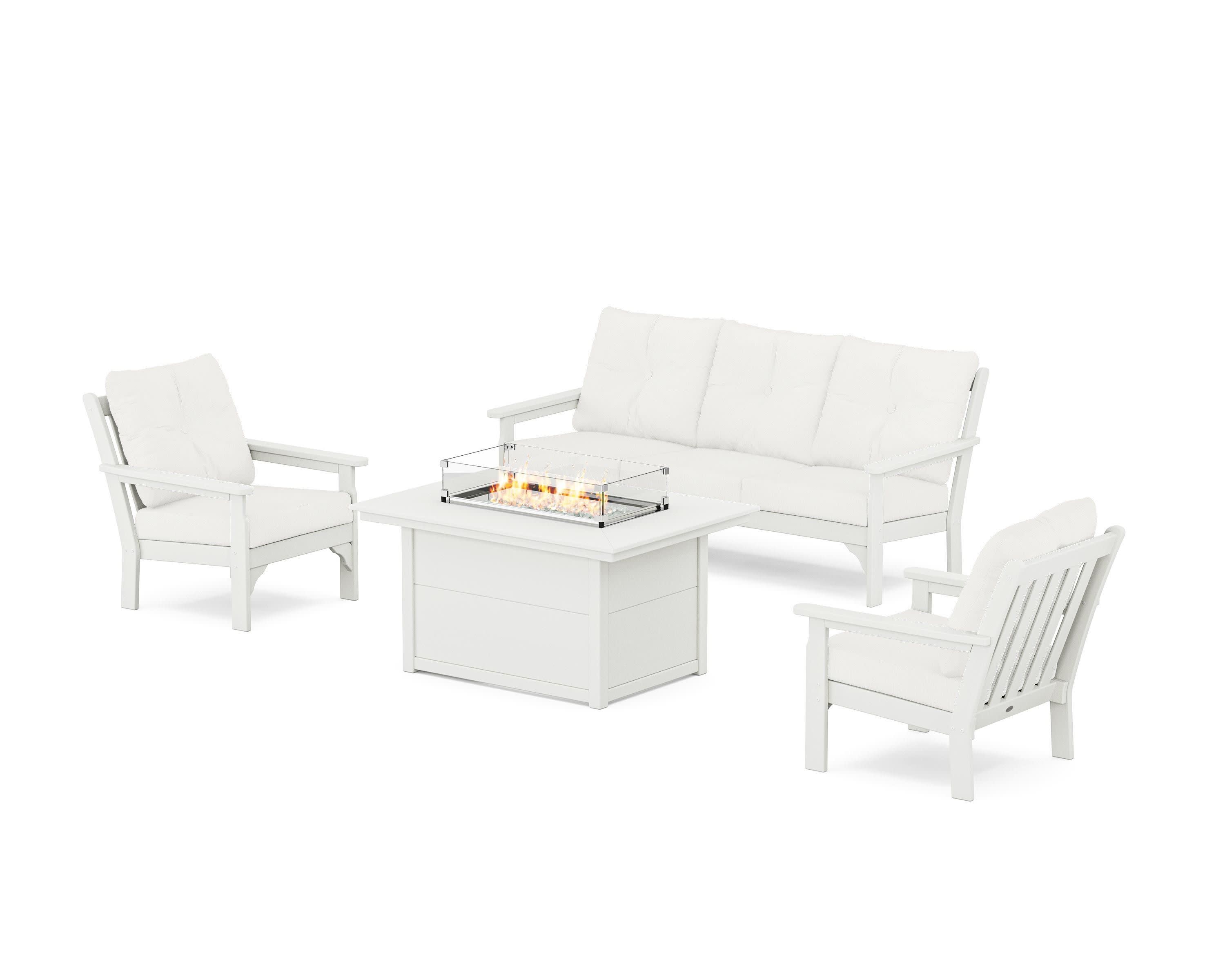 Vineyard Deep Seating Fire Pit Table Set in Vintage White / Natural Linen