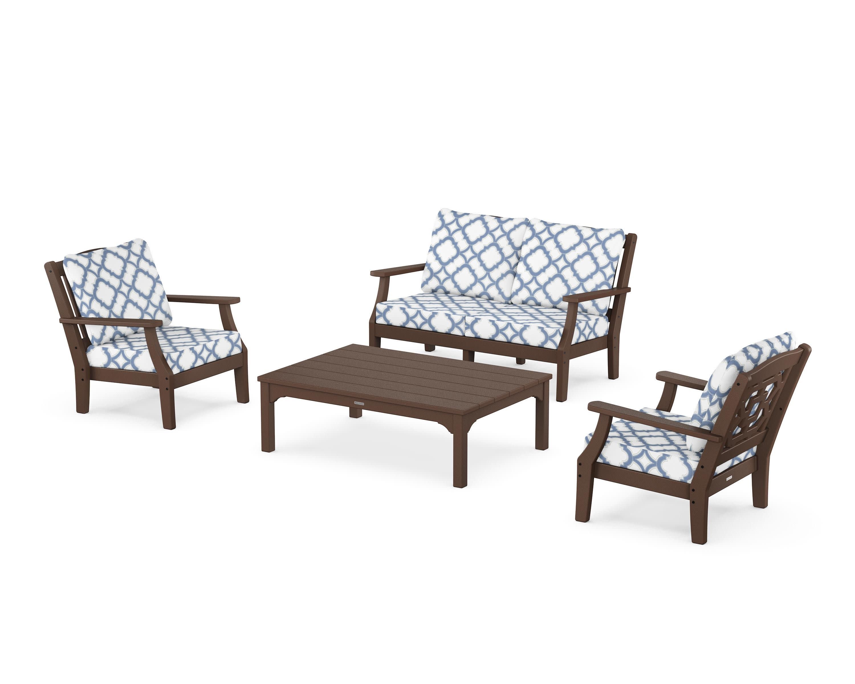 Chinoiserie 4-Piece Deep Seating Set with Loveseat in Mahogany / Trellis Sky Blue