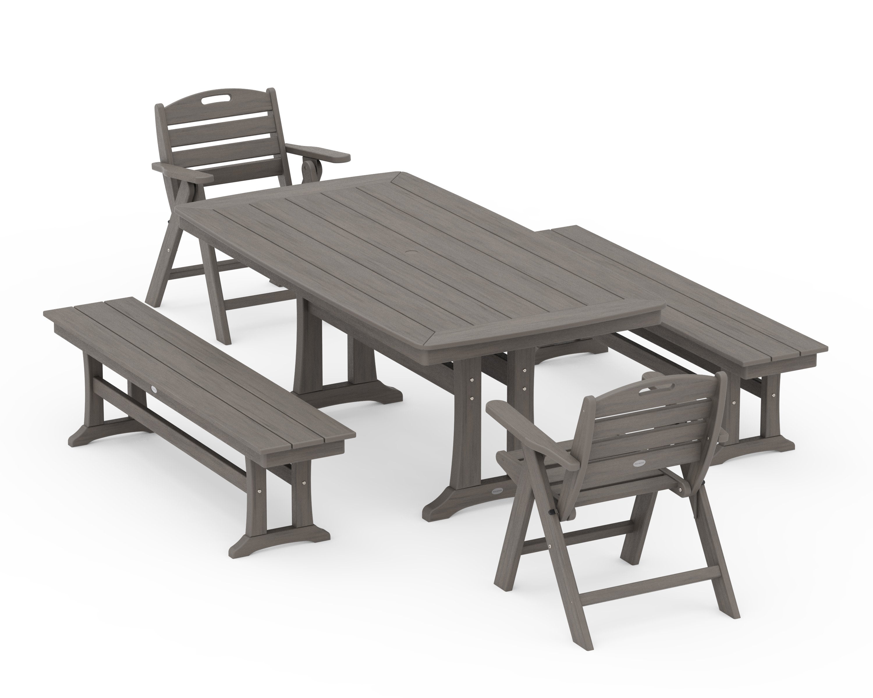 Nautical Folding Lowback Chair 5-Piece Dining Set with Trestle Legs and Benches in Driftwood