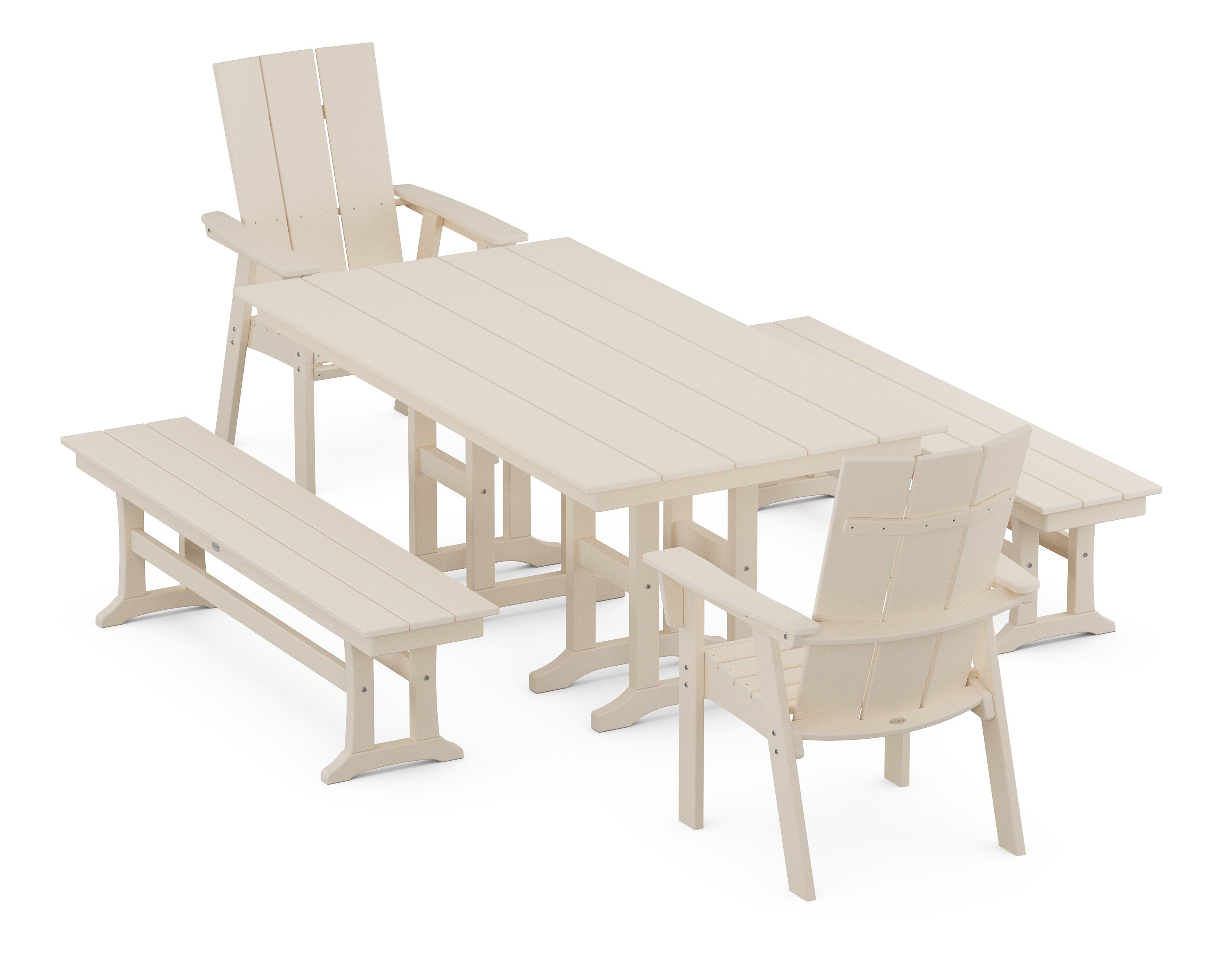 Modern Curveback Adirondack 5-Piece Farmhouse Dining Set with Benches in Sand
