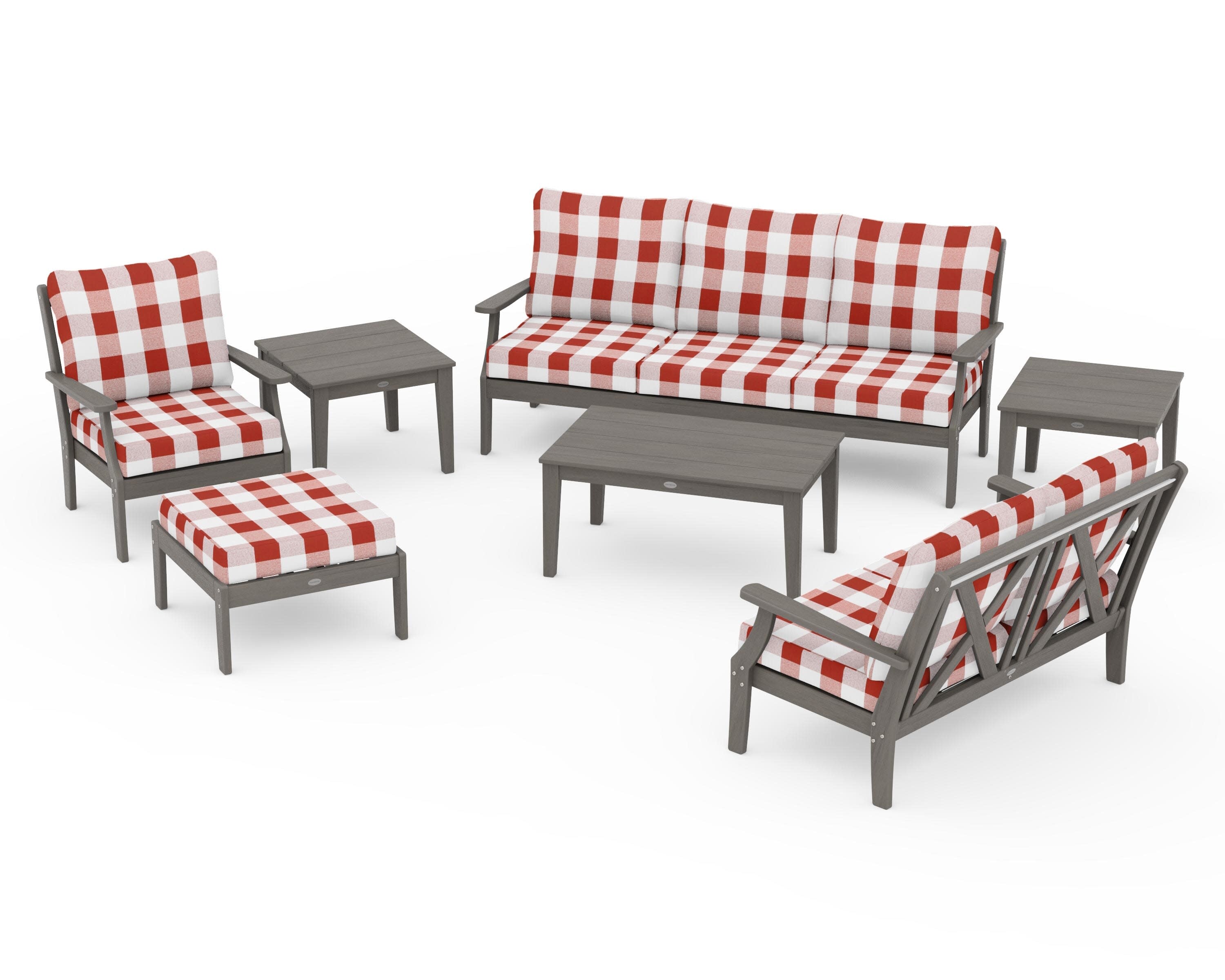 Braxton 7-Piece Deep Seating Set in Driftwood / Buffalo Plaid Crimson
