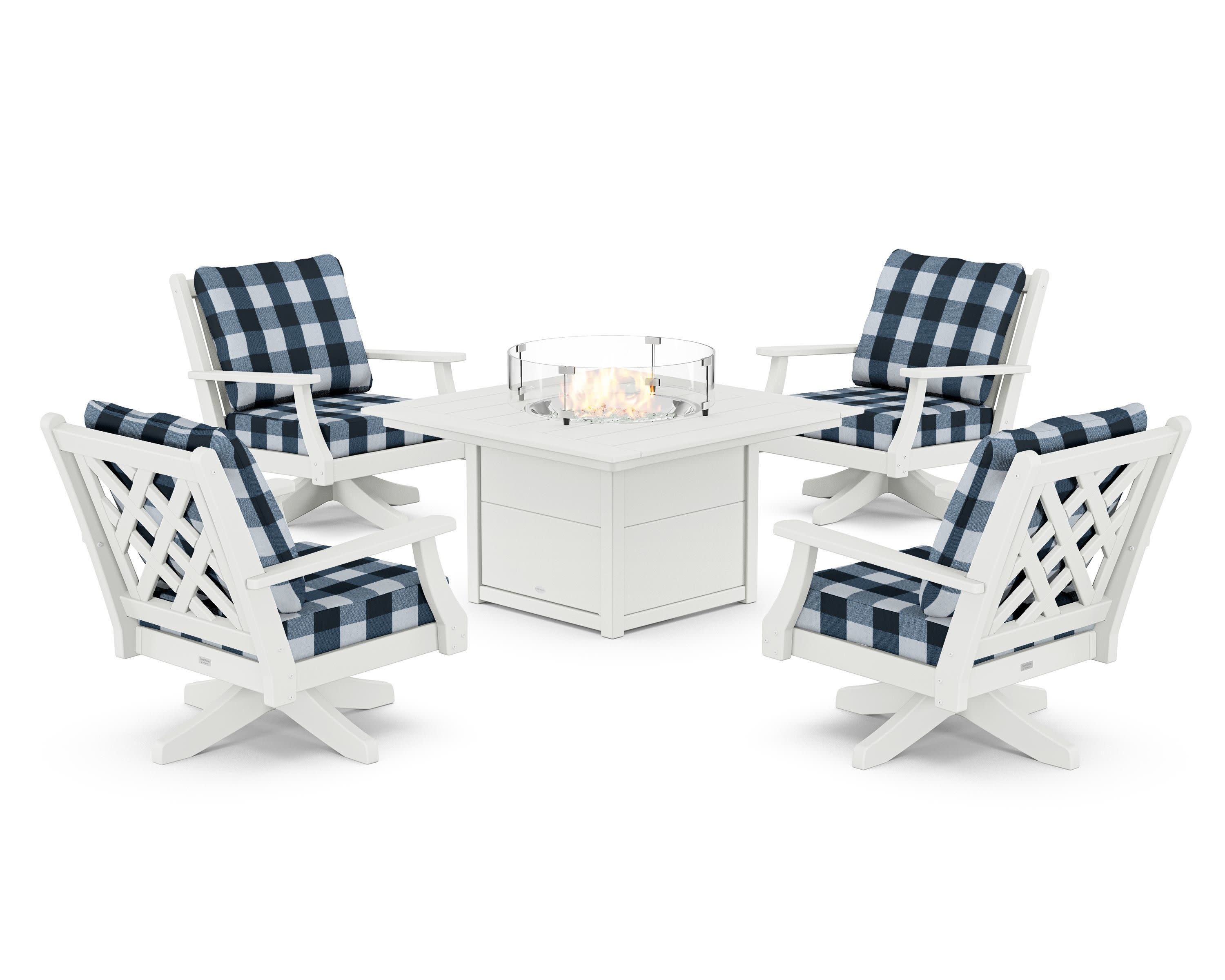 Wovendale 5-Piece Deep Seating Swivel Conversation Set with Fire Pit Table in White / Buffalo Plaid Marine Indigo