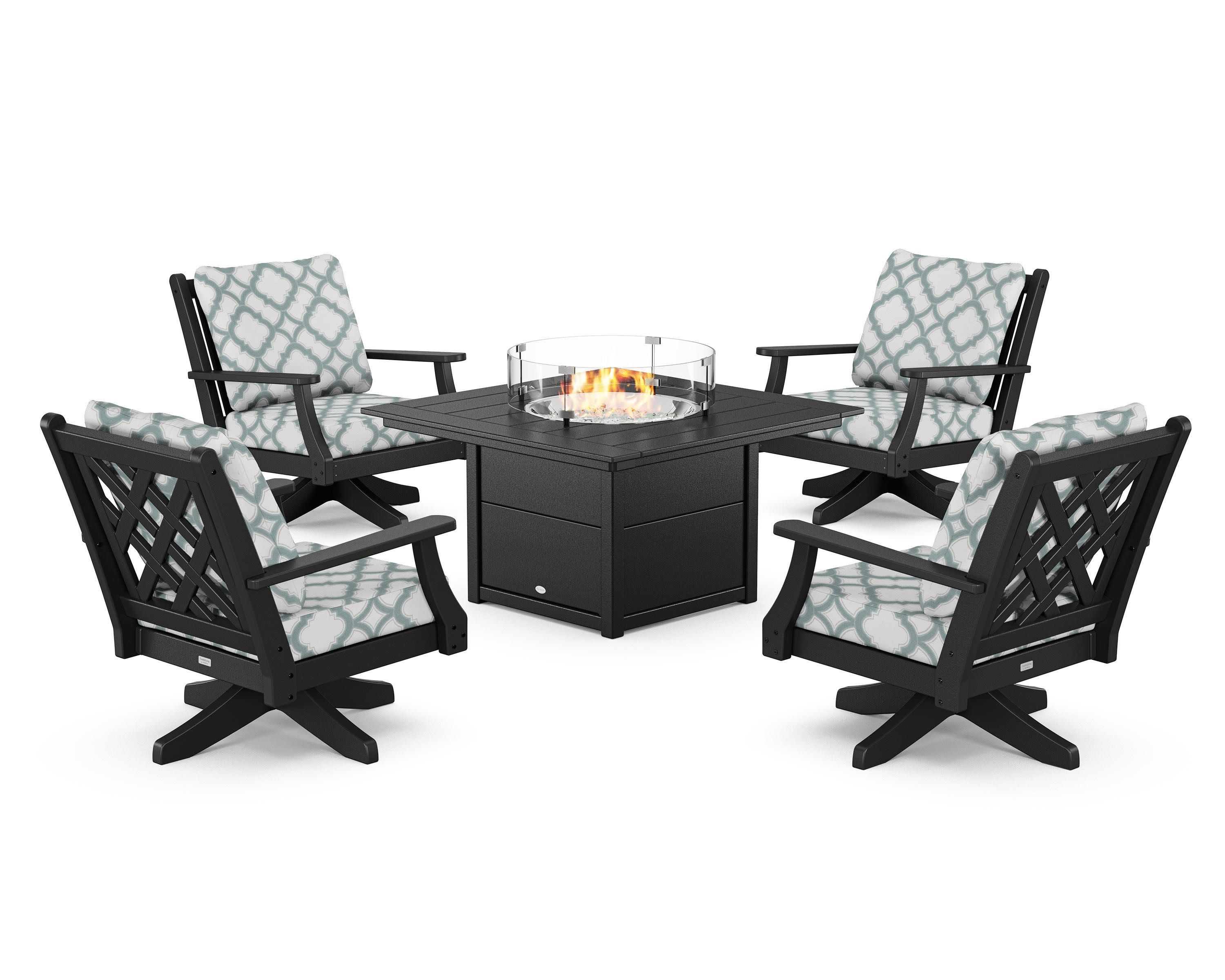 Wovendale 5-Piece Deep Seating Swivel Conversation Set with Fire Pit Table in Black / Trellis Glacier Spa