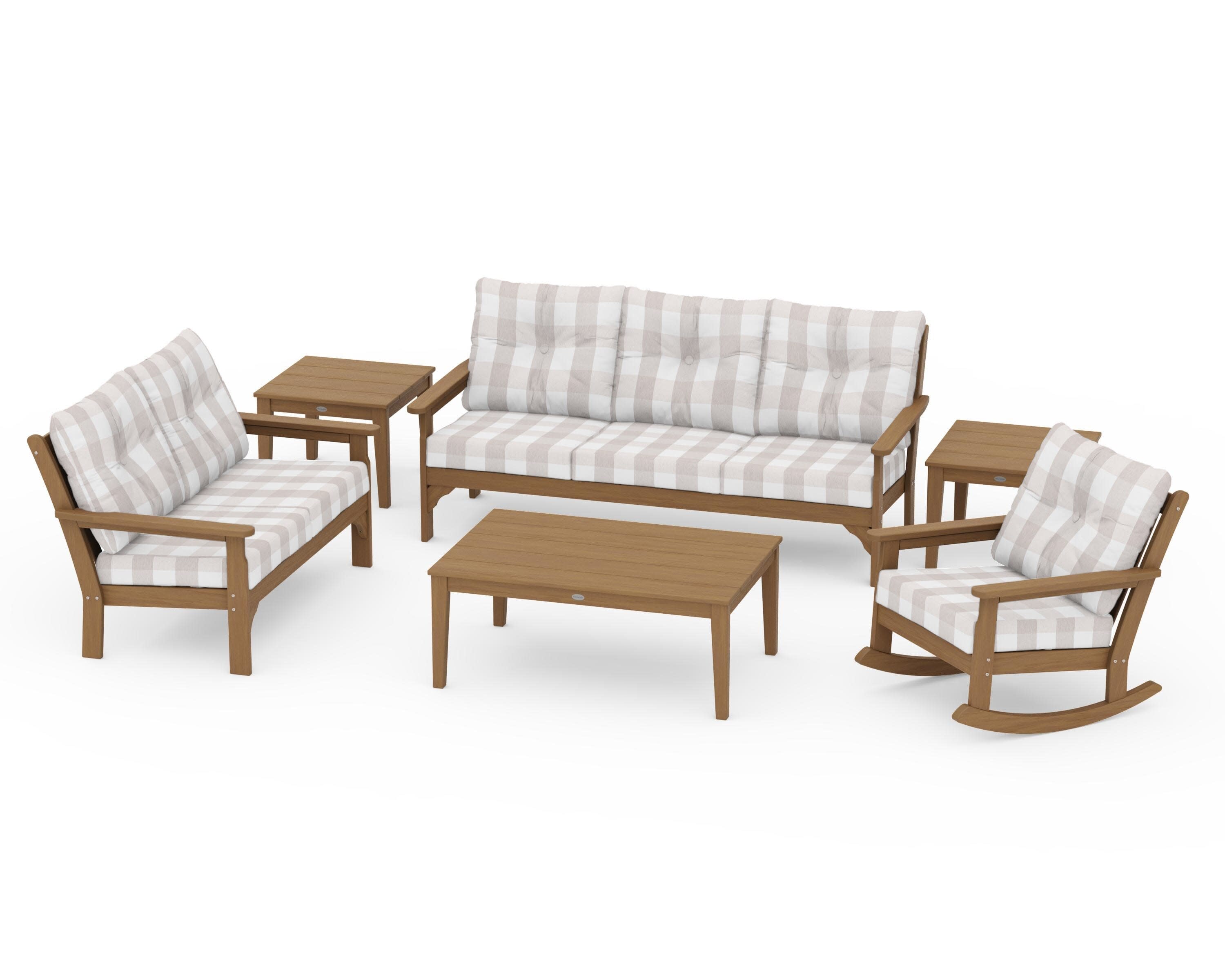 Vineyard 6-Piece Deep Seating Set in Natural / Buffalo Plaid Dune Burlap