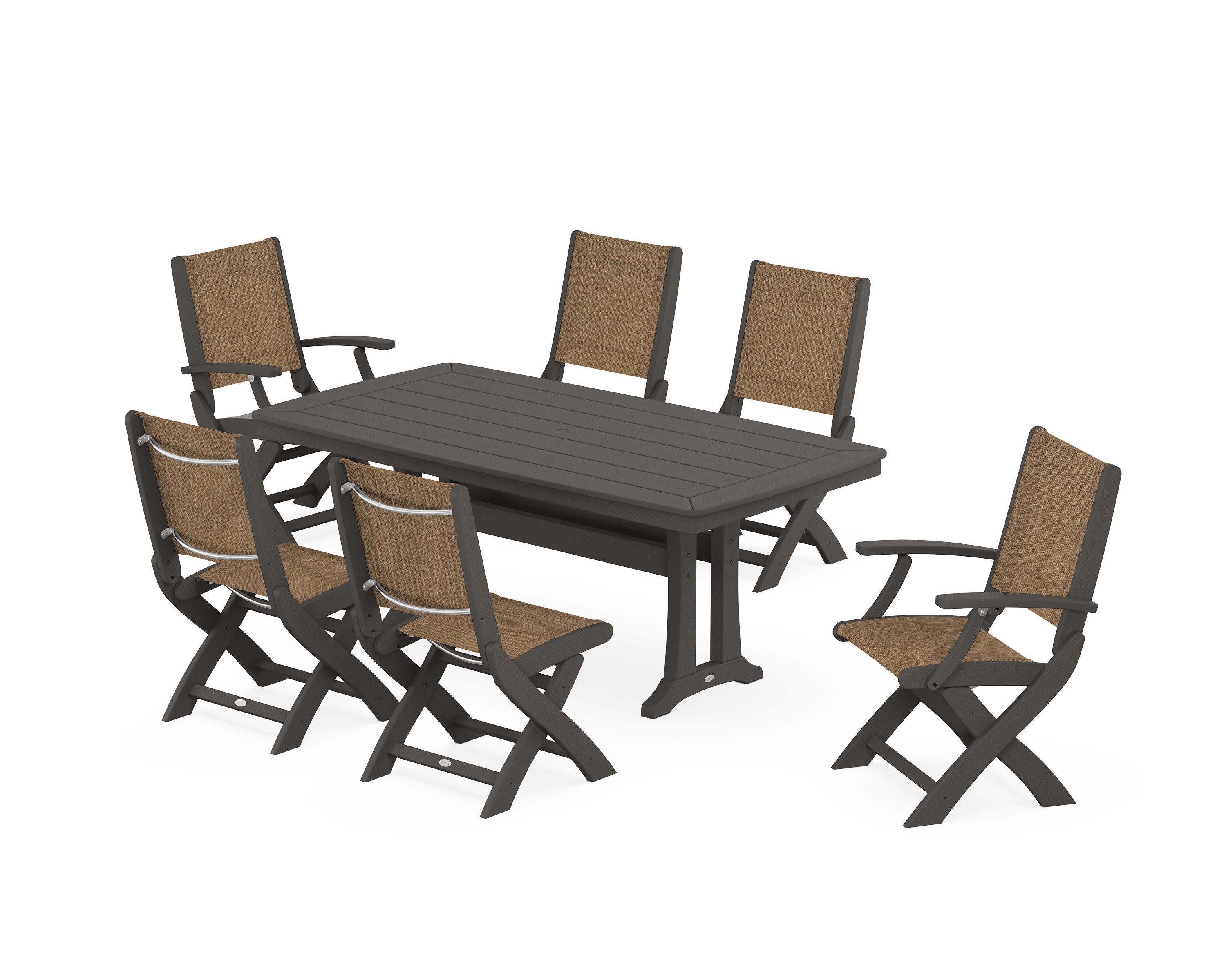 Coastal Folding Chair 7-Piece Dining Set with Trestle Legs in Vintage Coffee / Burlap Sling