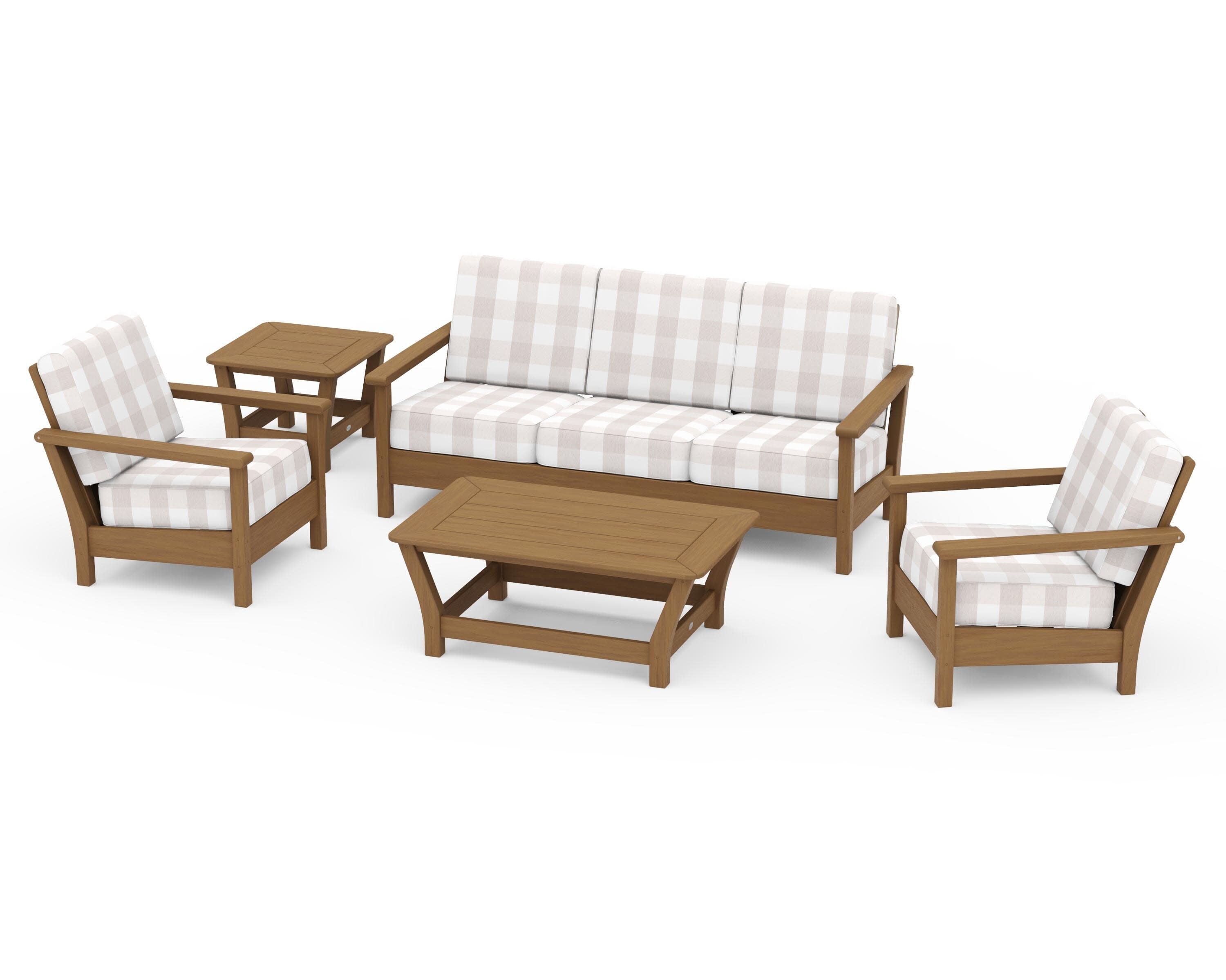 Harbour 5-Piece Deep Seating Set in Natural / Buffalo Plaid Dune Burlap