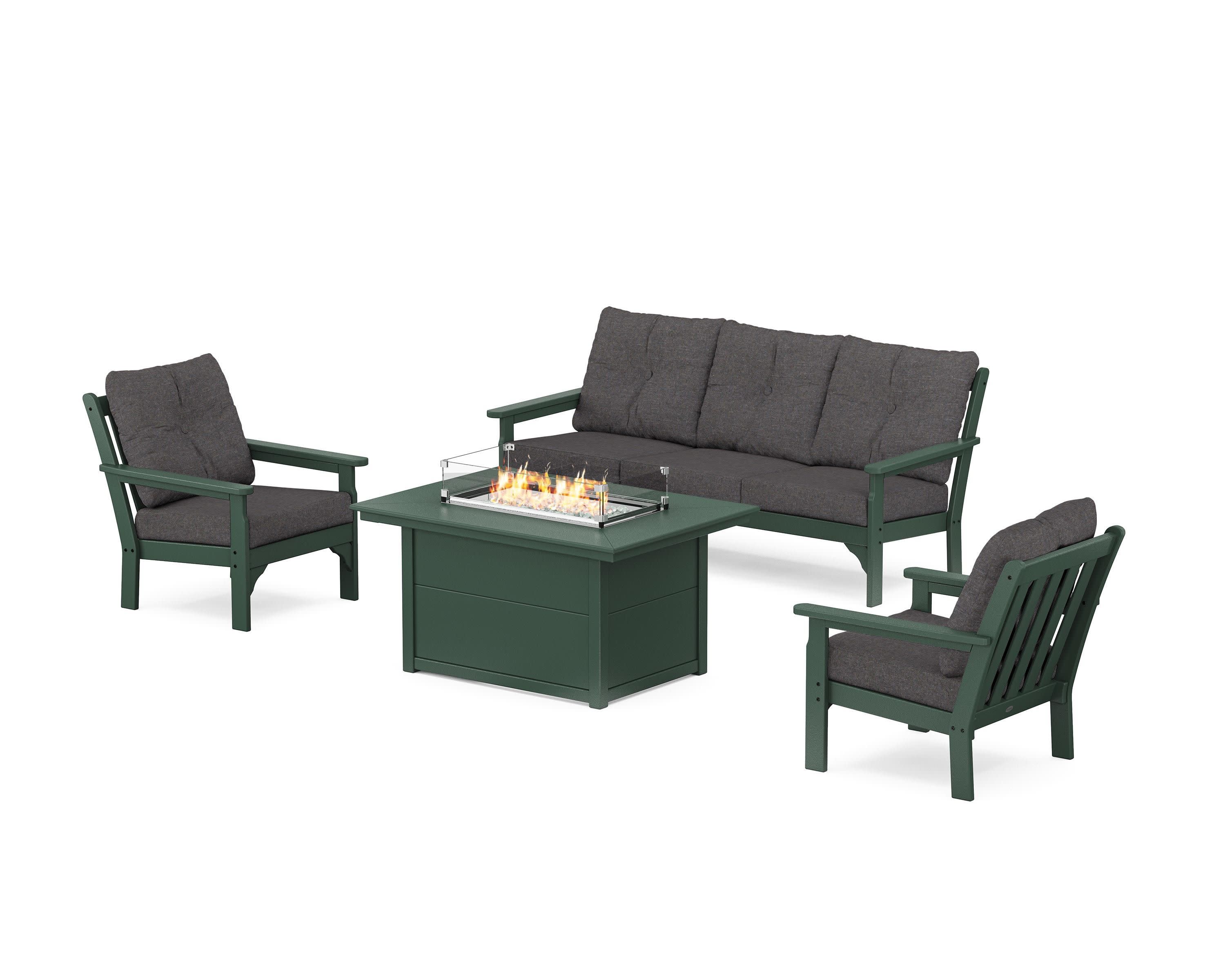 Vineyard Deep Seating Fire Pit Table Set in Green / Ash Charcoal
