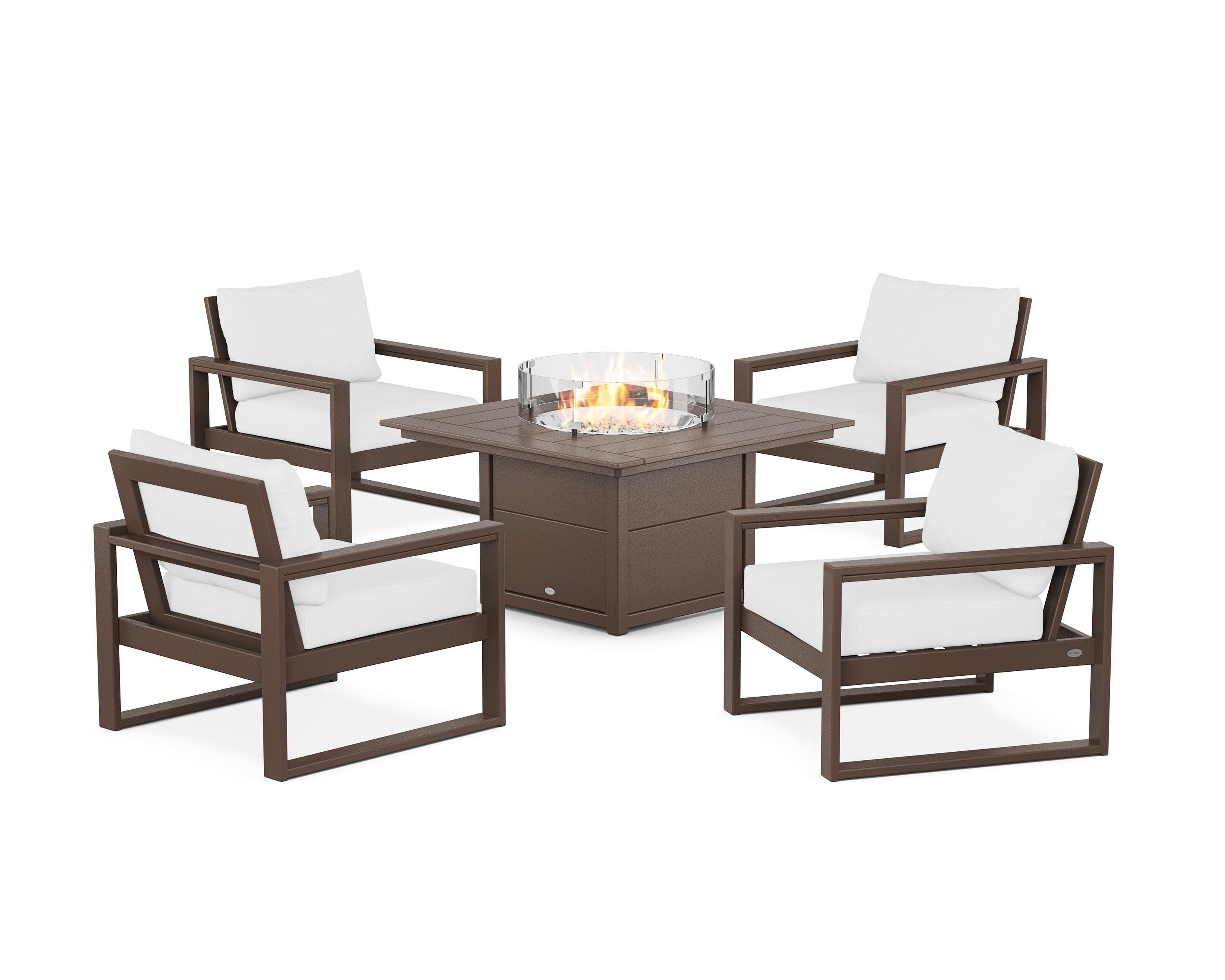 EDGE Sectional 5-Piece Deep Seating Set with Fire Pit Table in Mahogany / Natural