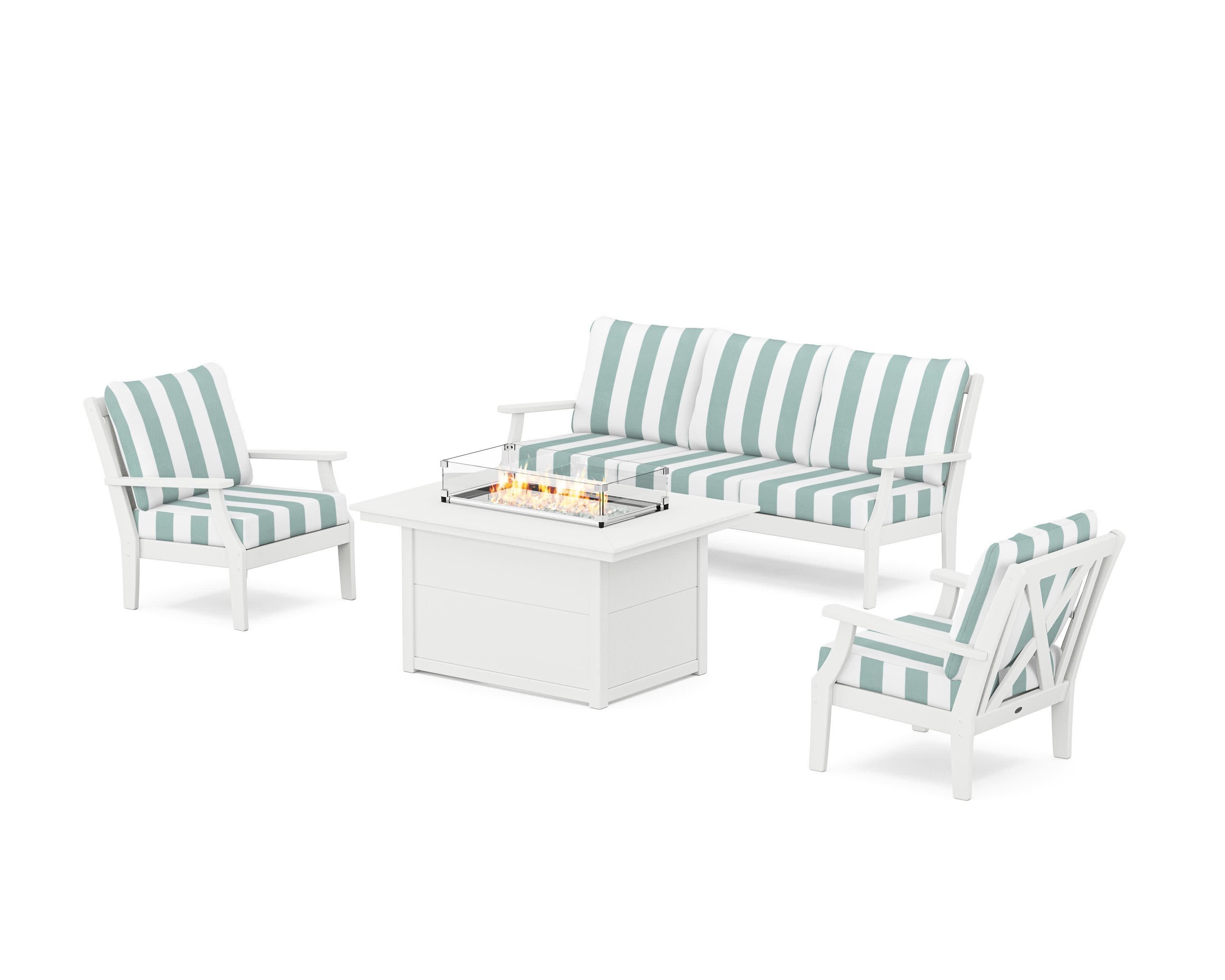 Braxton Deep Seating Fire Pit Table Set in White / Cabana Stripe Glacier Spa