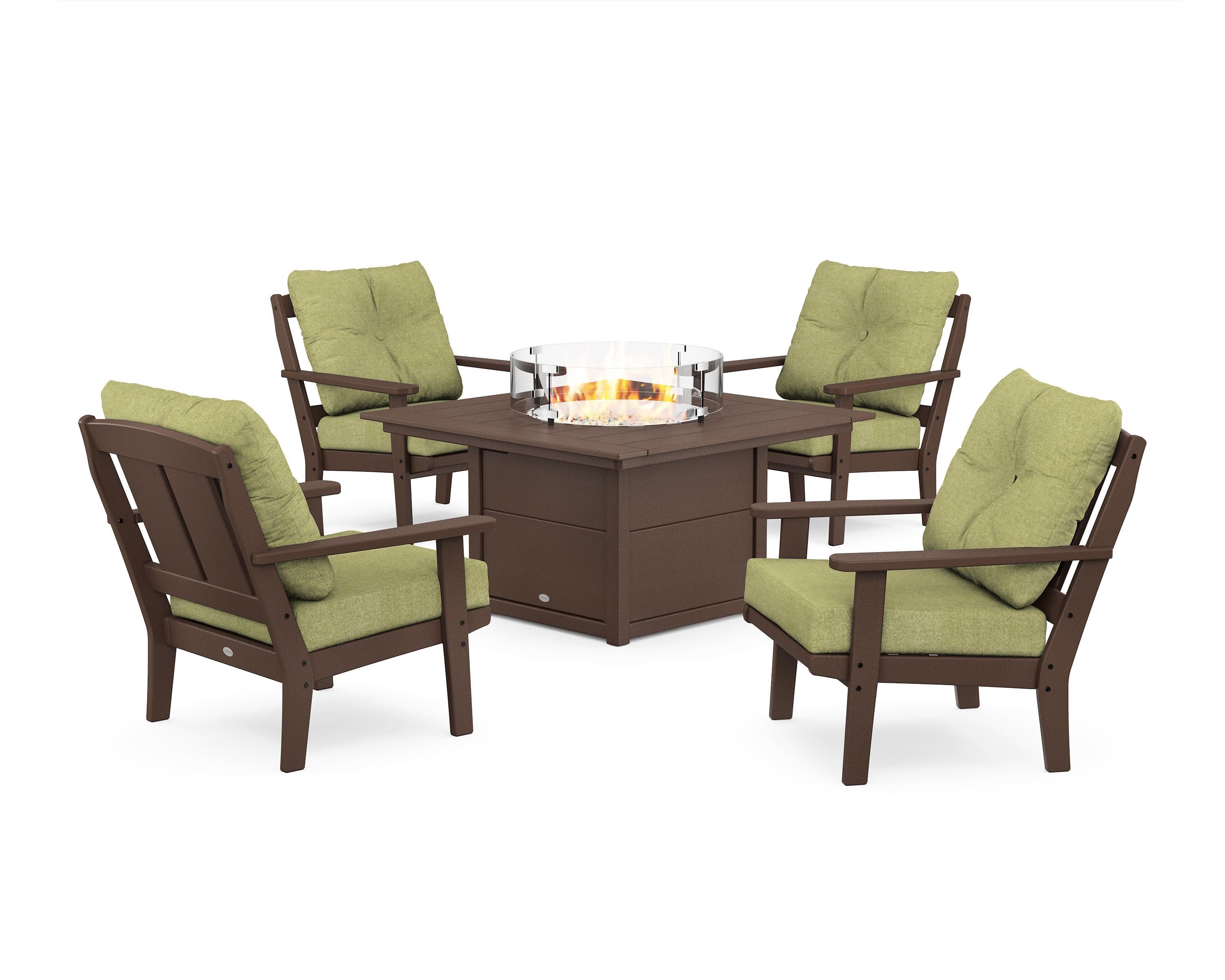 Mission 5-Piece Deep Seating Set with Fire Pit Table in Mahogany / Chartreuse Boucle
