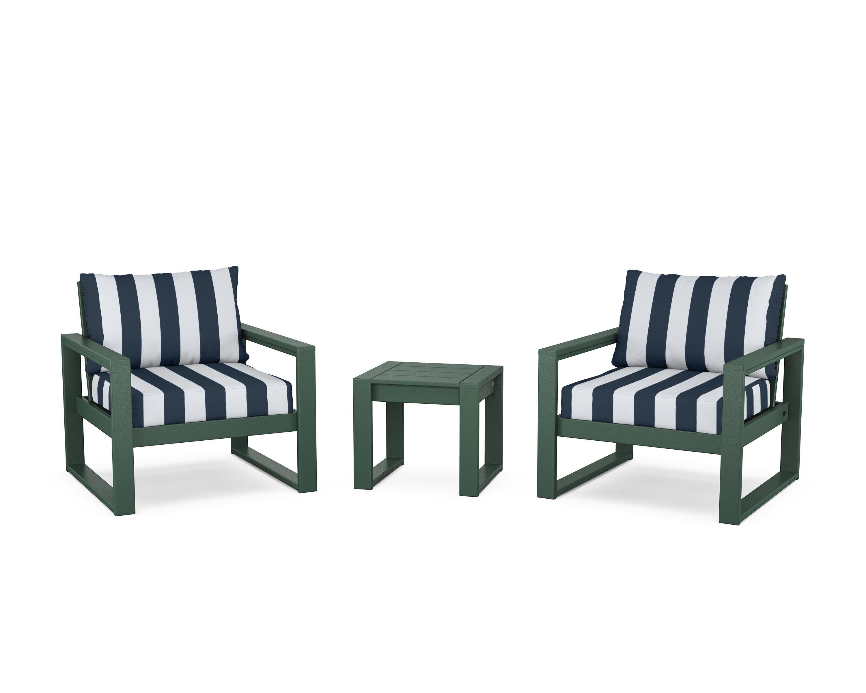 EDGE Sectional 3-Piece Deep Seating Set in Green / Cabana Stripe Marine Indigo