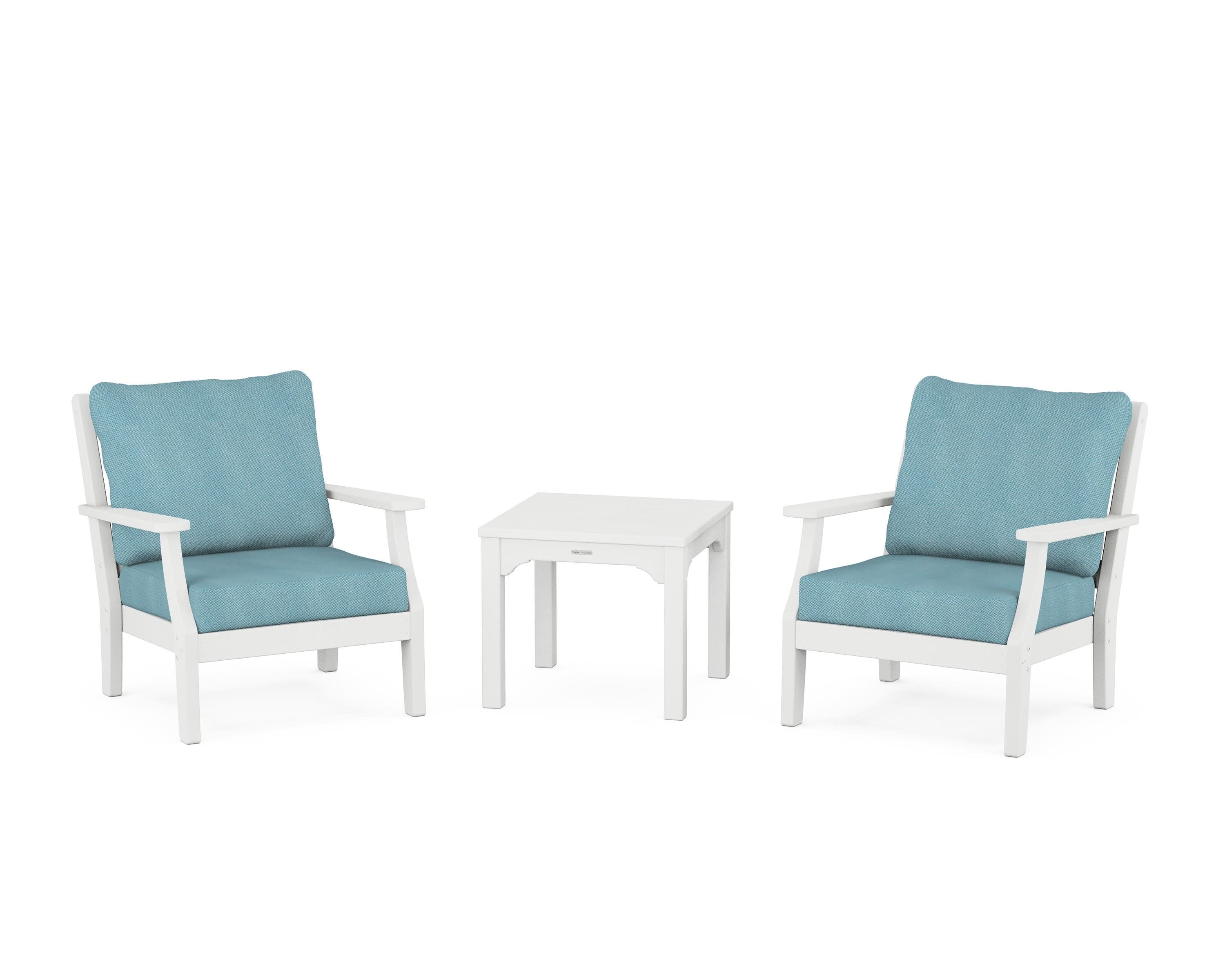 Chinoiserie 3-Piece Deep Seating Set in White / Lattice Sky Blue