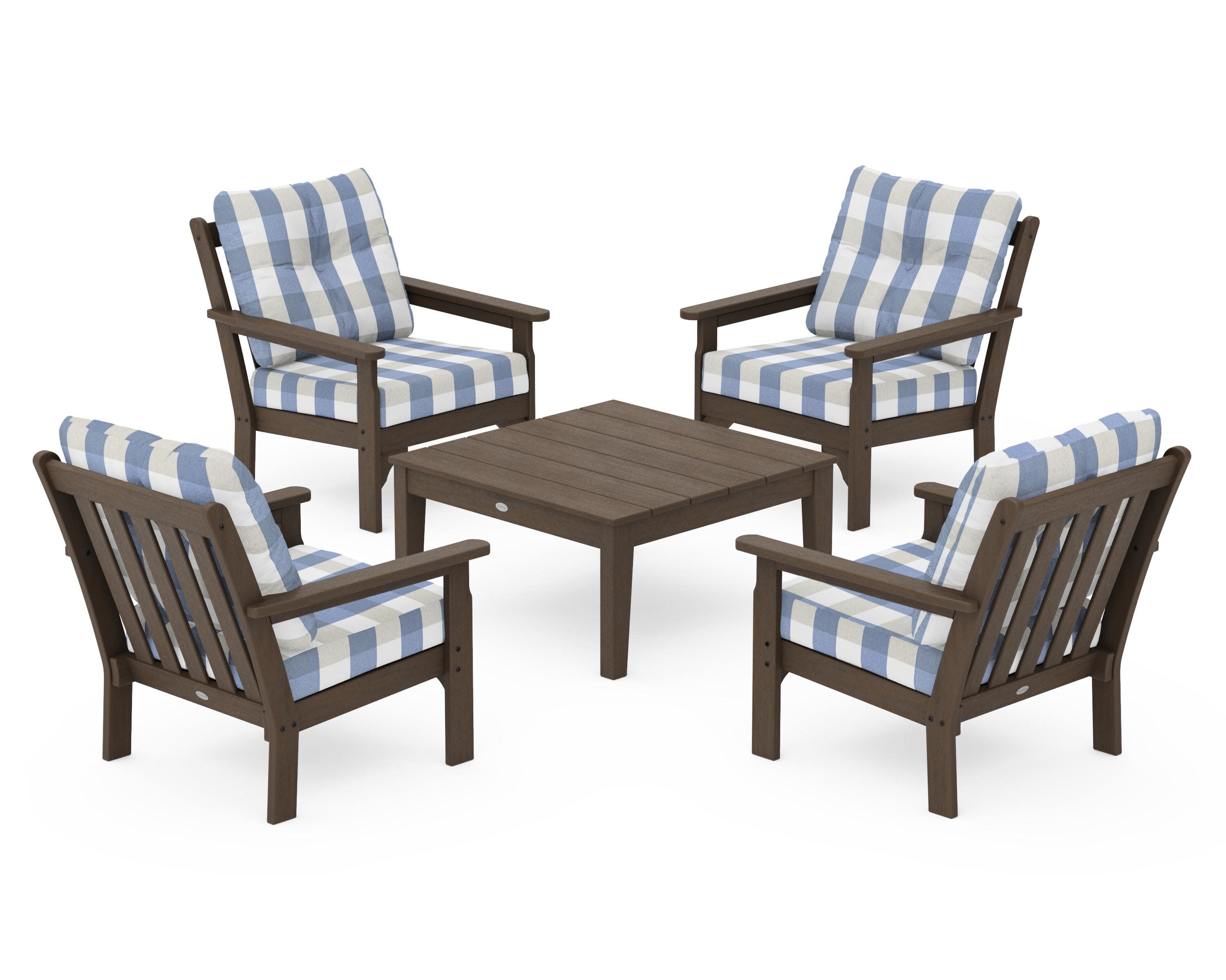 Vineyard 5-Piece Deep Seating Conversation Set in Kona / Buffalo Plaid Sky Blue