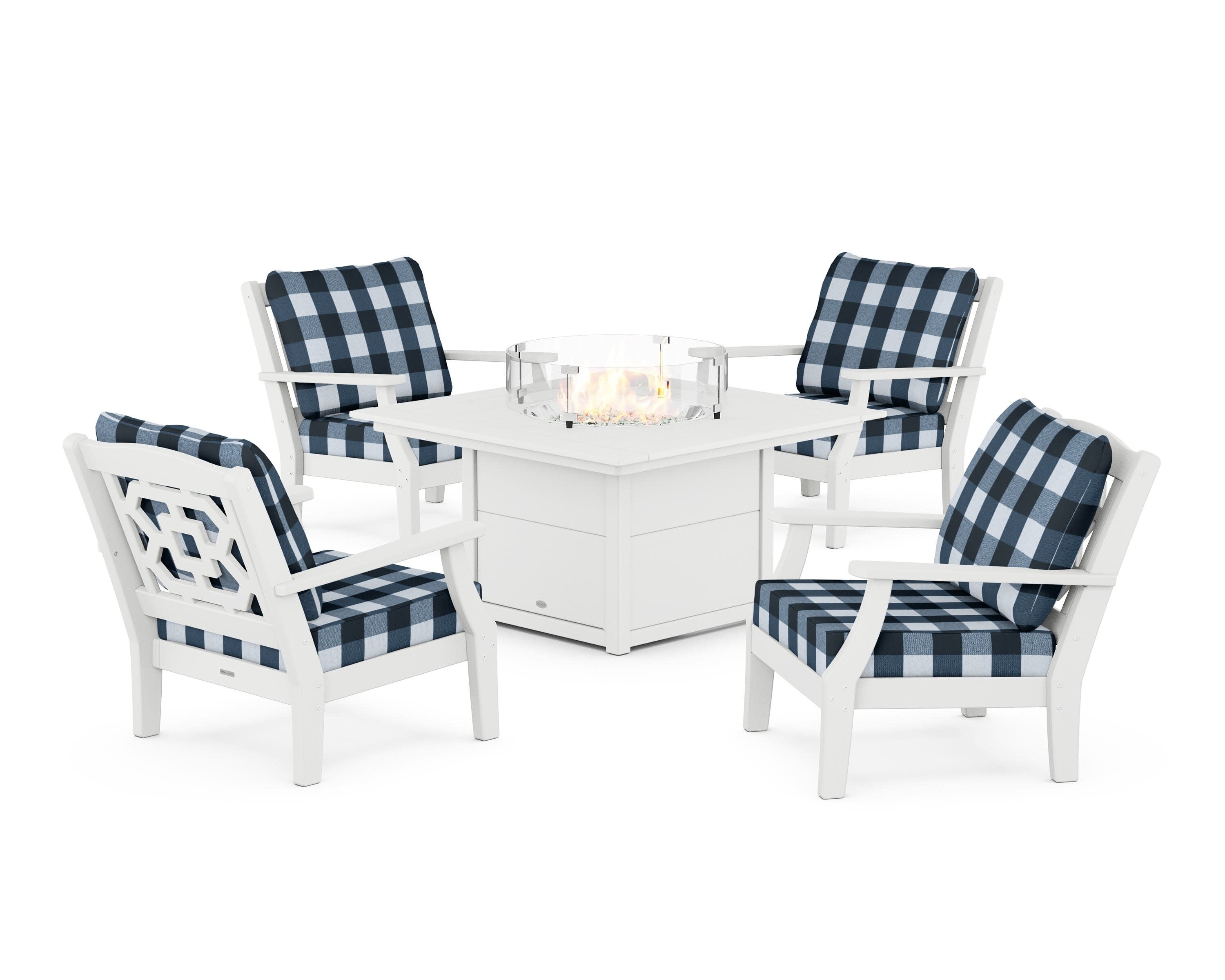 Chinoiserie 5-Piece Deep Seating Set with Fire Pit Table in White / Buffalo Plaid Marine Indigo