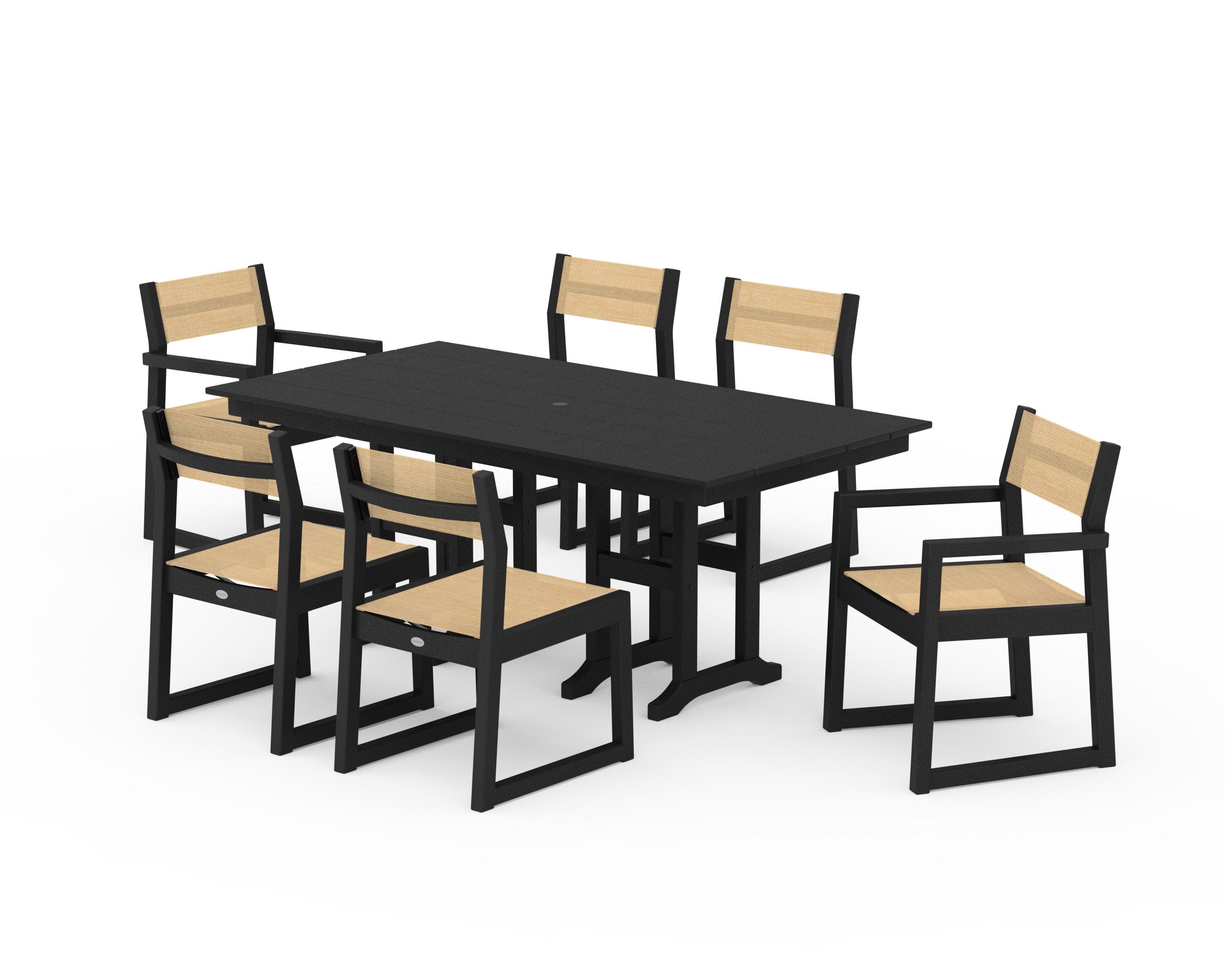 EDGE Sling 7-Piece Farmhouse Dining Set in Black / Dupioni Apricot Sling