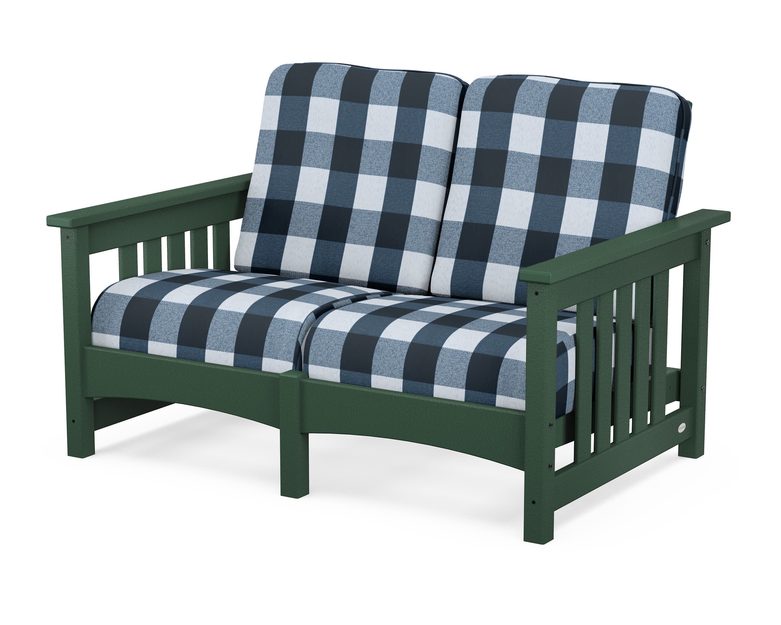 Club Mission Loveseat in Green / Buffalo Plaid Marine Indigo