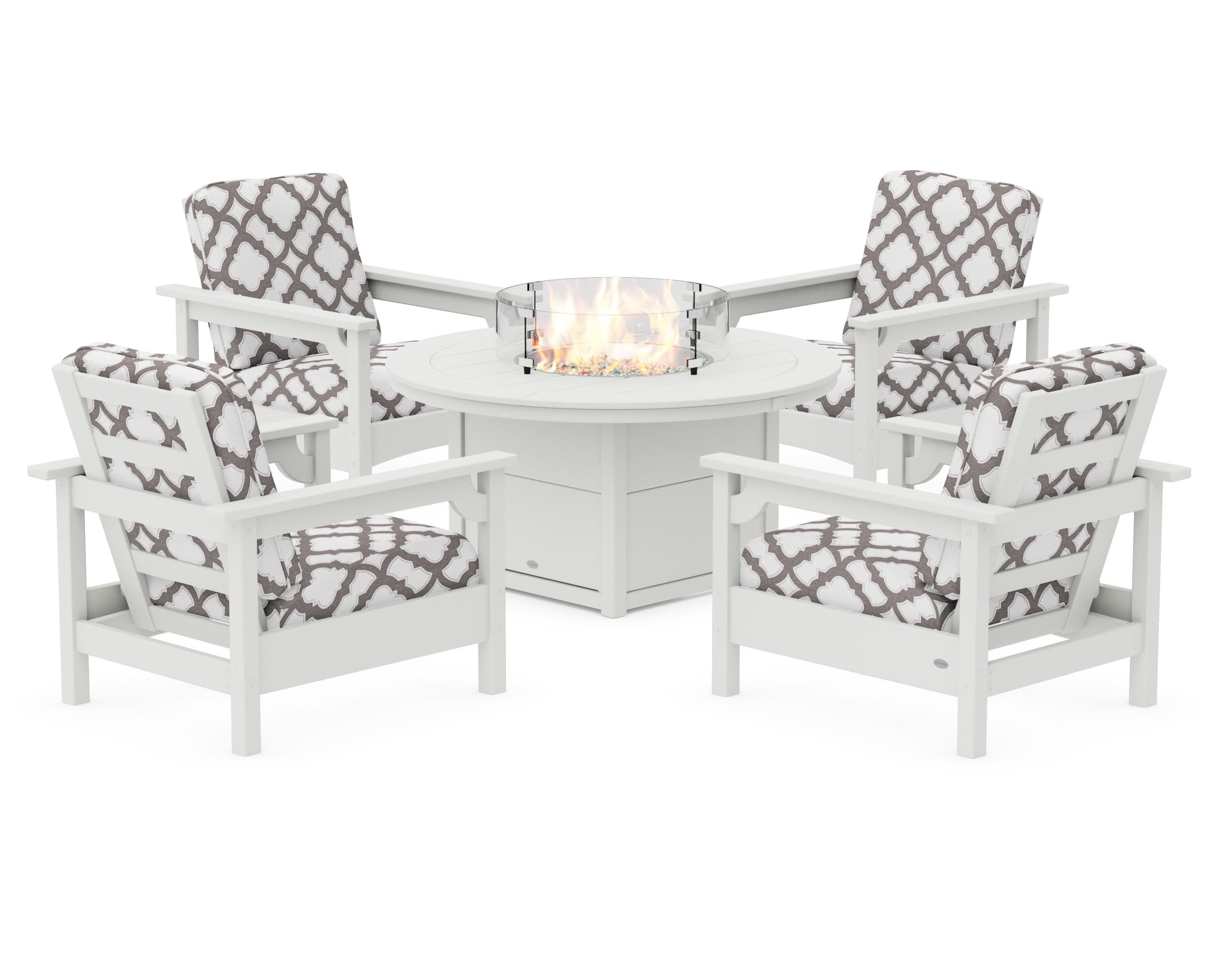 Club 5-Piece Conversation Set with Fire Pit Table in Vintage White / Trellis Grey Mist