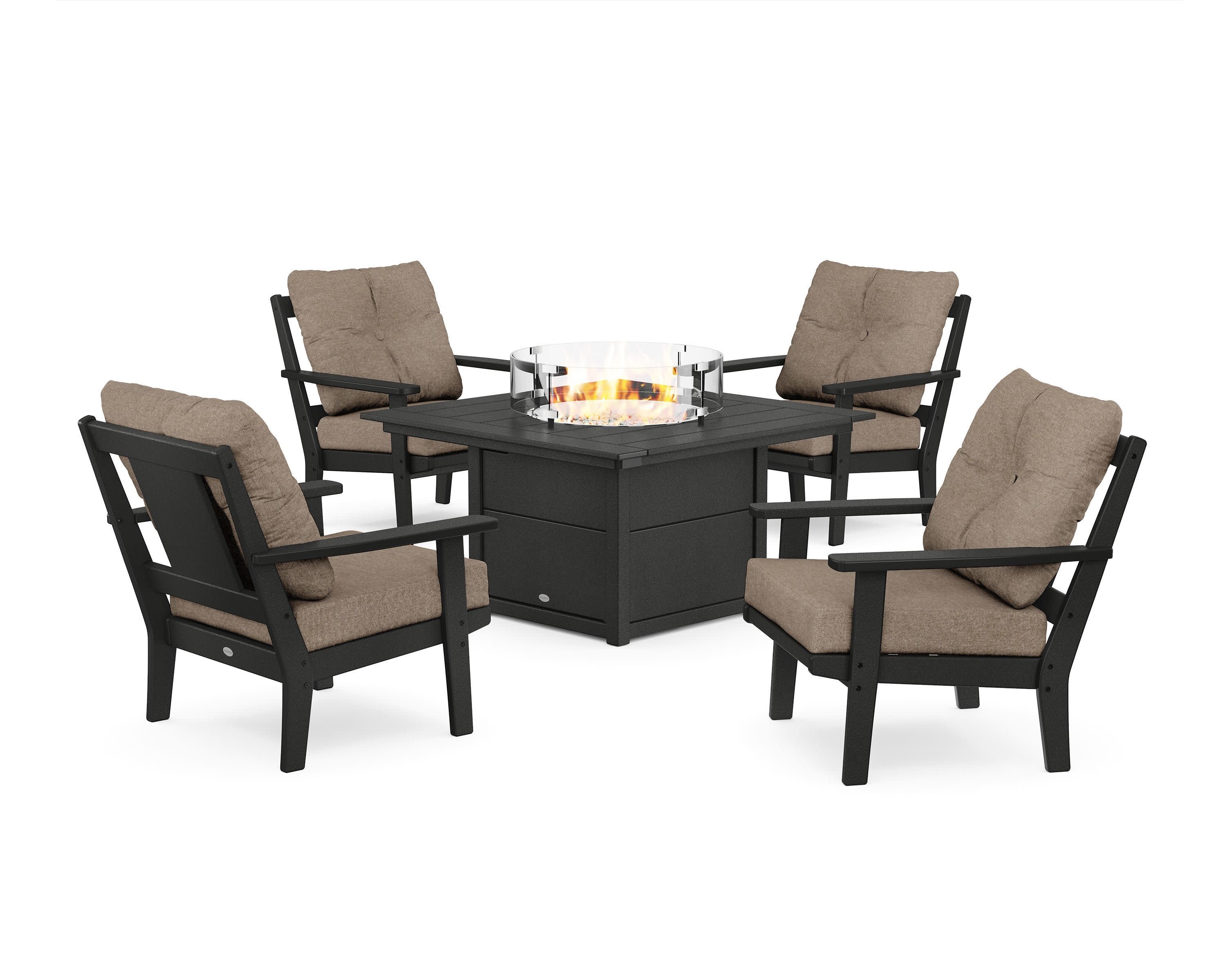 Prairie 5-Piece Deep Seating Set with Fire Pit Table in Black / Spiced Burlap