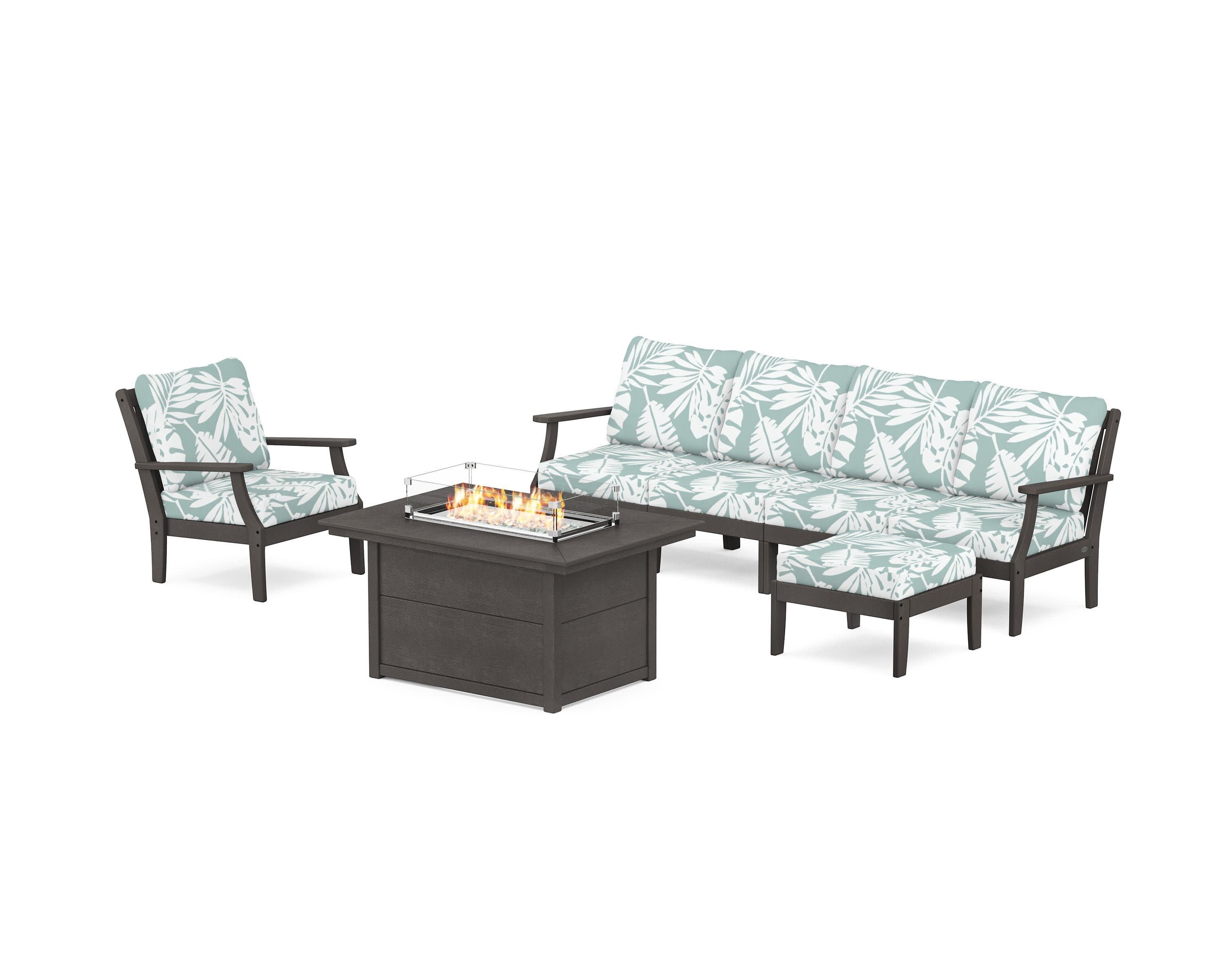 Braxton Sectional Lounge and Fire Pit Set in Vintage Coffee / Leaf Glacier Spa