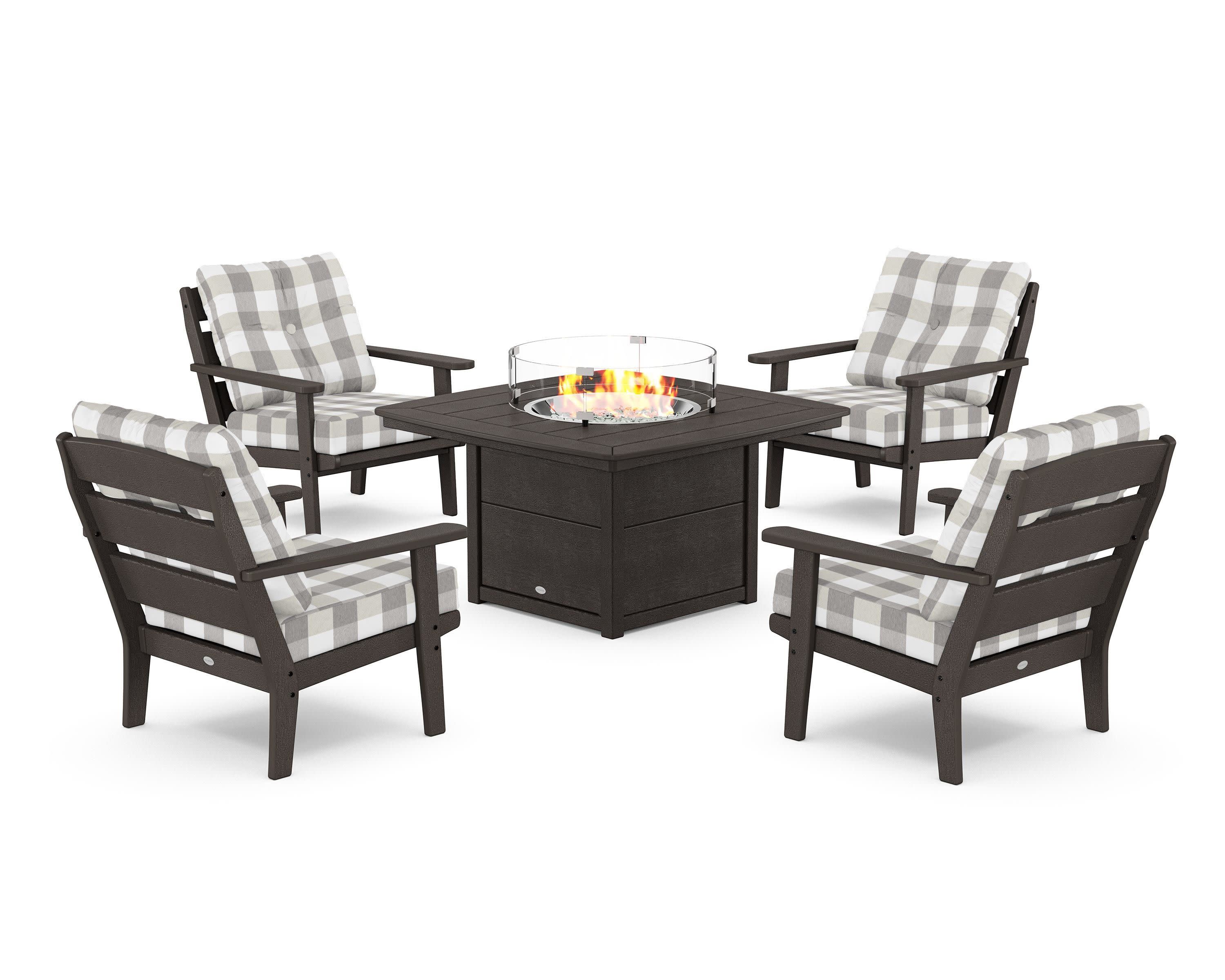 Lakeside 5-Piece Deep Seating Set with Nautical Fire Pit Table in Vintage Coffee / Buffalo Plaid Grey Mist