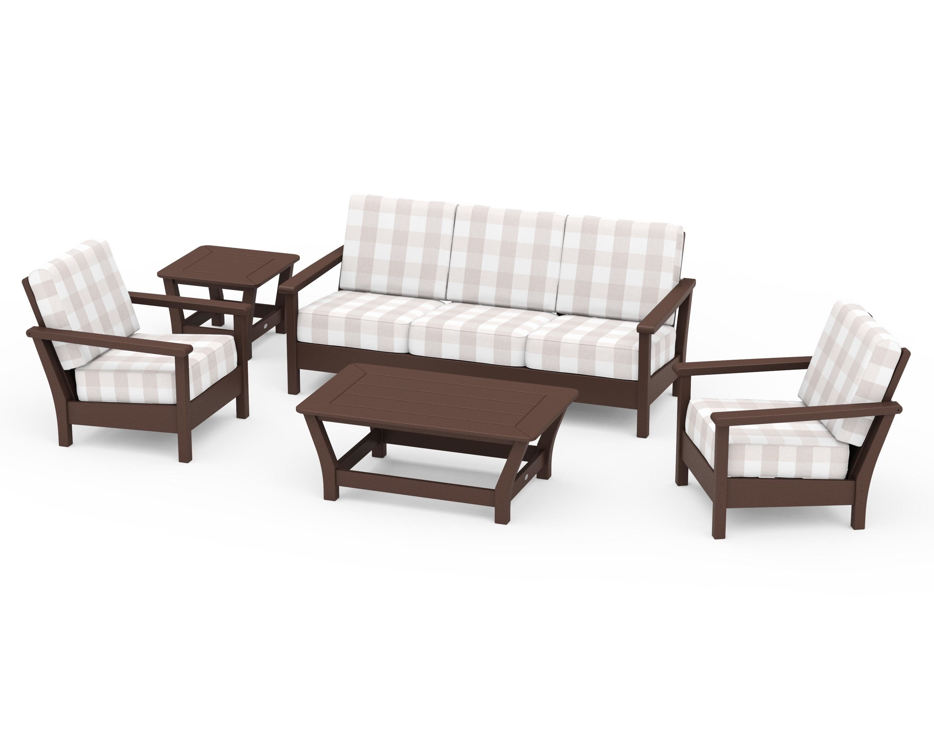 Harbour 5-Piece Deep Seating Set in Mahogany / Buffalo Plaid Dune Burlap