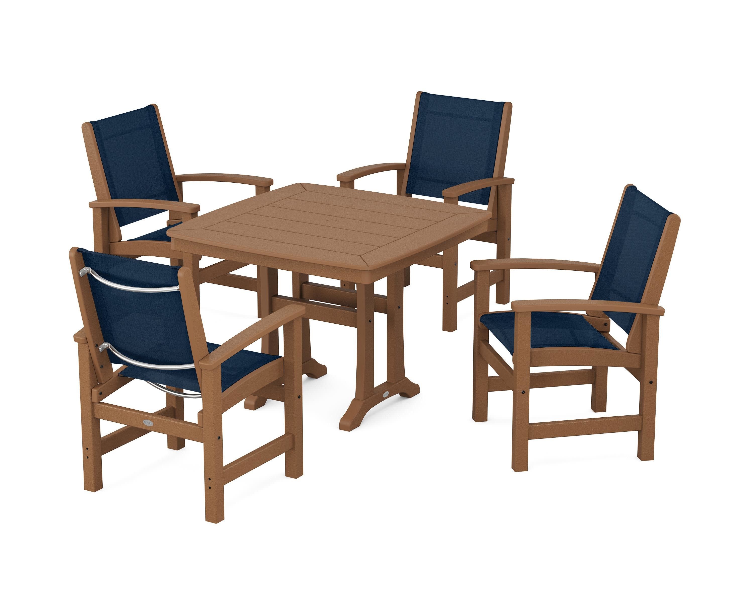 Coastal 5-Piece Dining Set with Trestle Legs in Teak / Navy Blue Sling