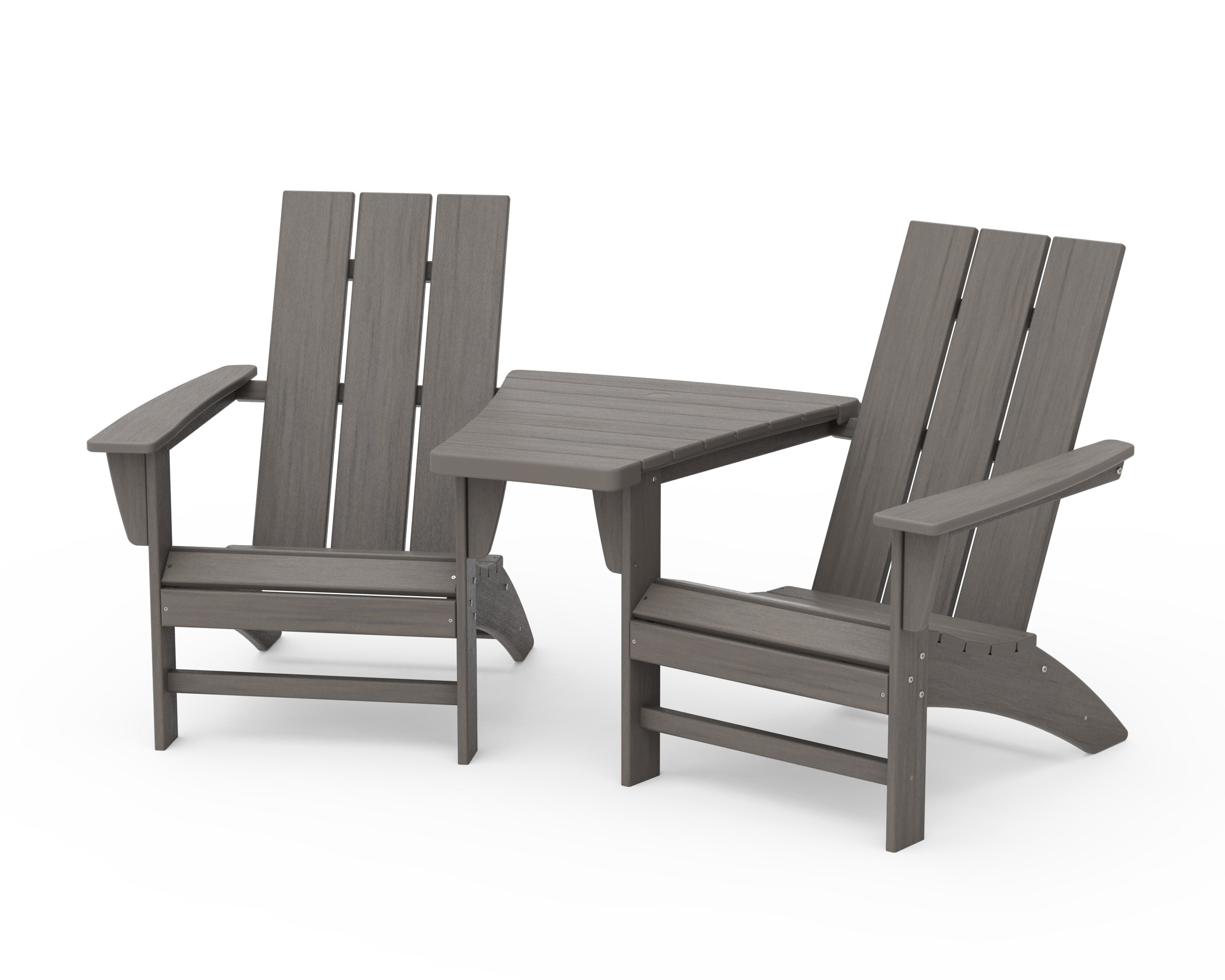 Modern 3-Piece Adirondack Set with Angled Connecting Table in Driftwood
