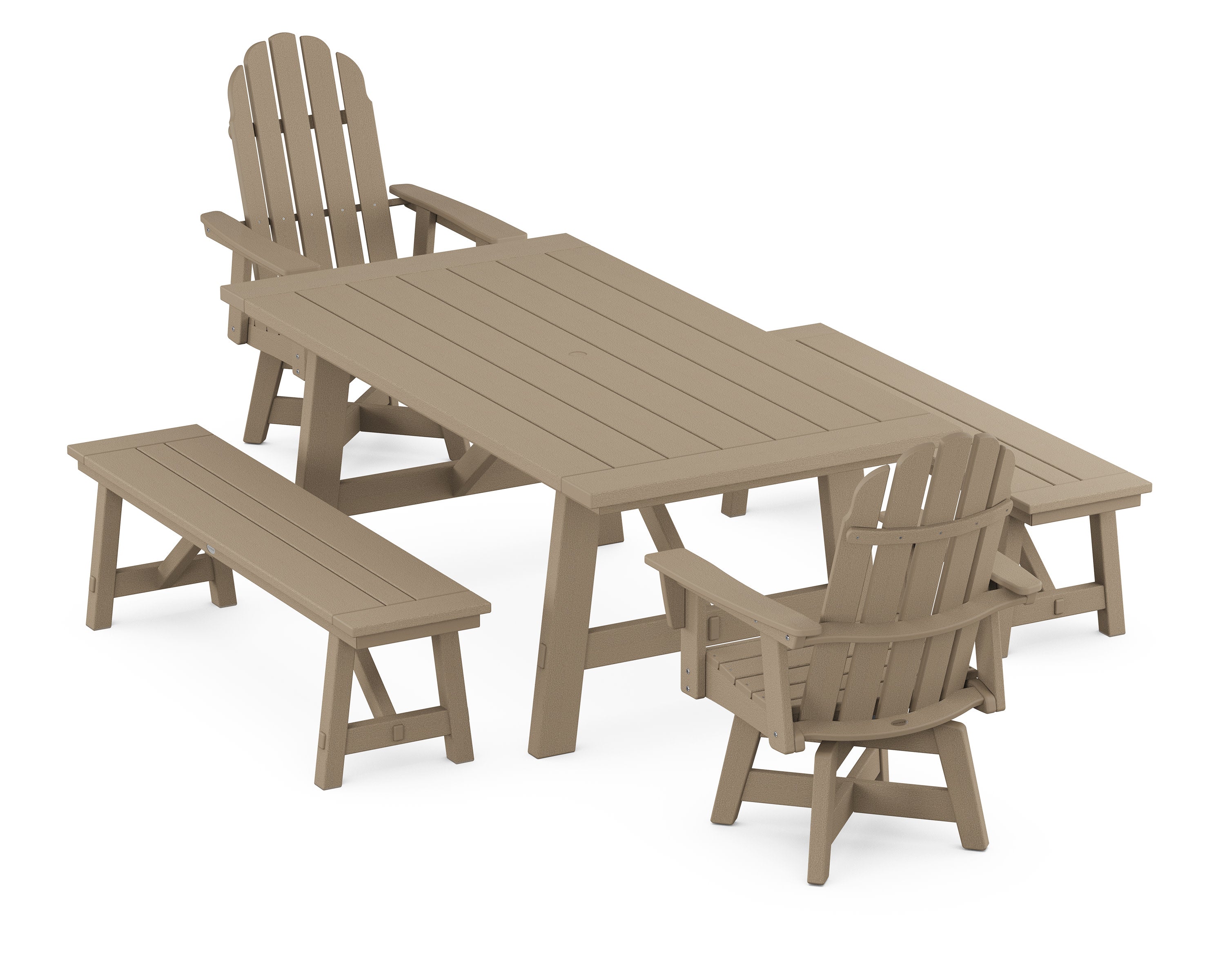 VineyardCurveback Adirondack Swivel Chair 5-Piece Rustic Farmhouse Dining Set With Benches in Vintage Sahara