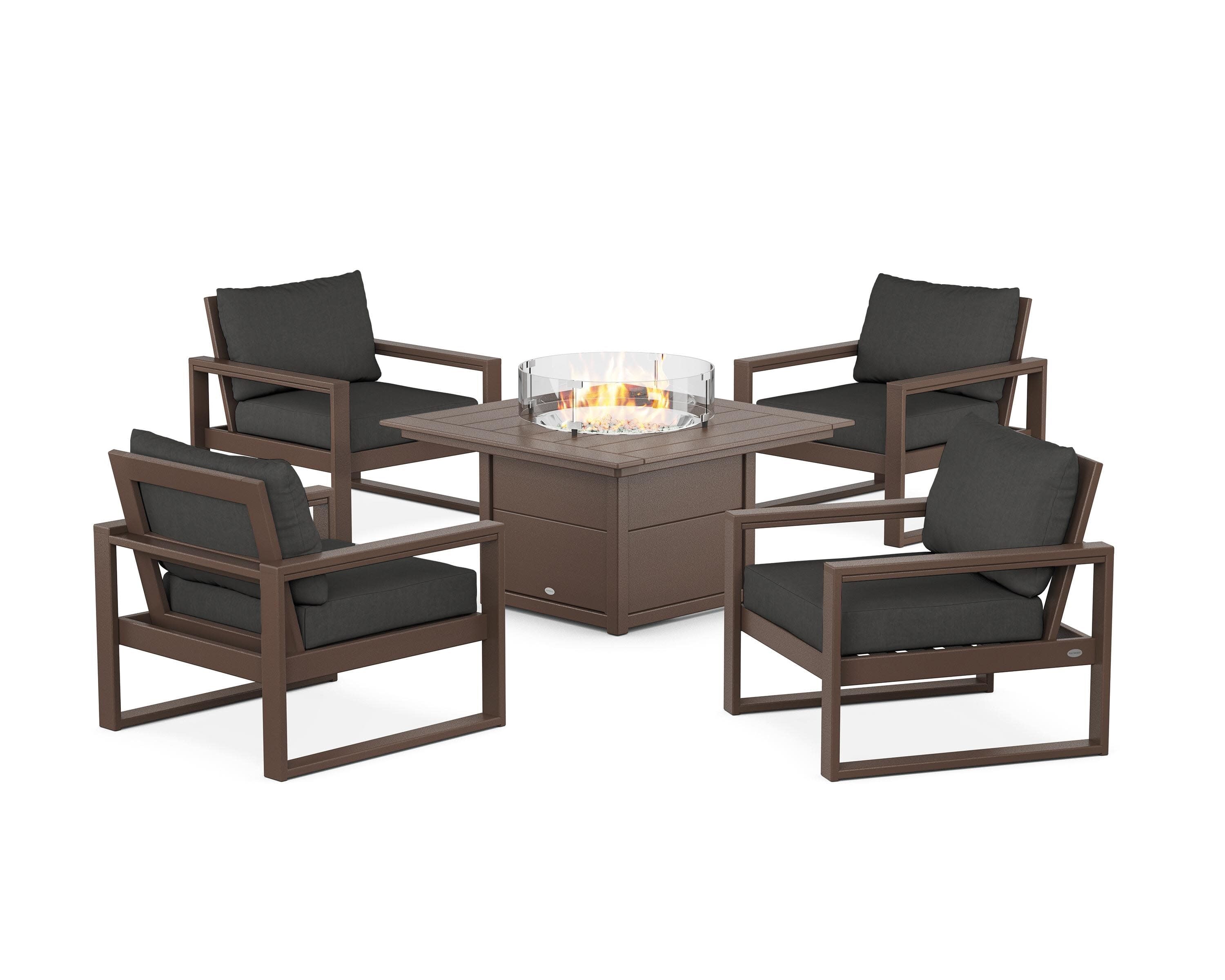 EDGE Sectional 5-Piece Deep Seating Set with Fire Pit Table in Mahogany / Spectrum Carbon