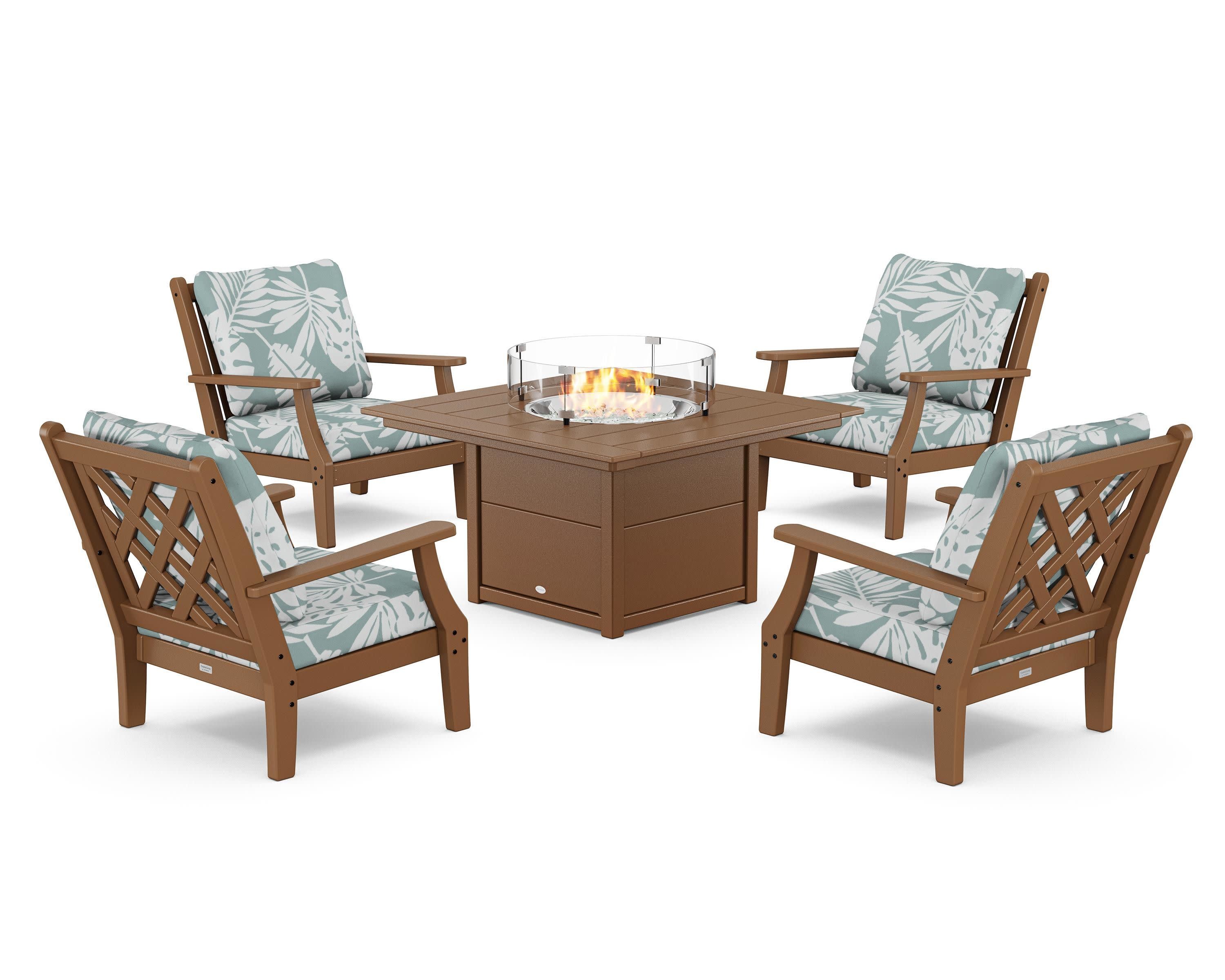 Wovendale 5-Piece Deep Seating Set with Fire Pit Table in Teak / Leaf Glacier Spa