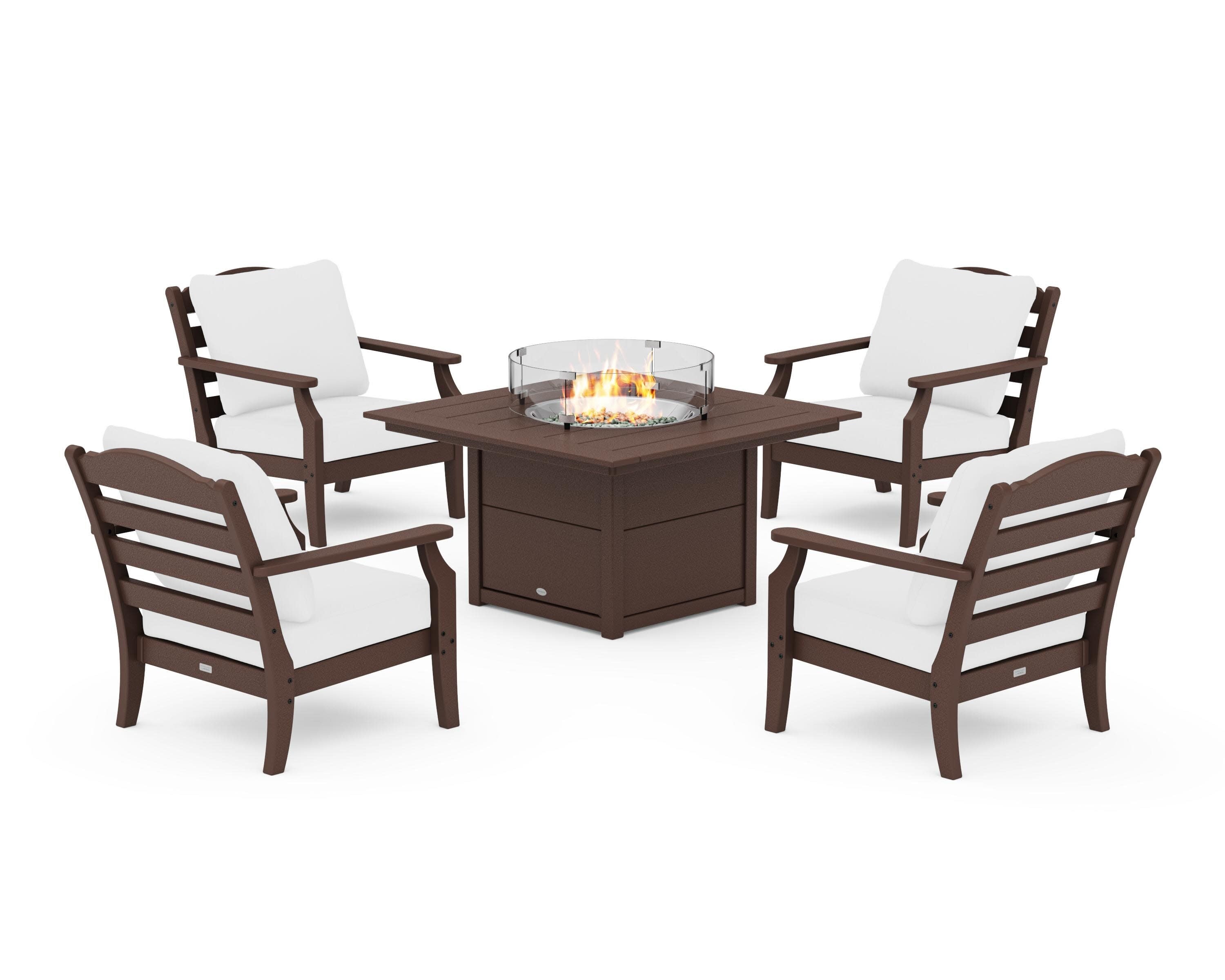 Savannah 5-Piece Deep Seating Set with Fire Pit Table in Mahogany / Natural