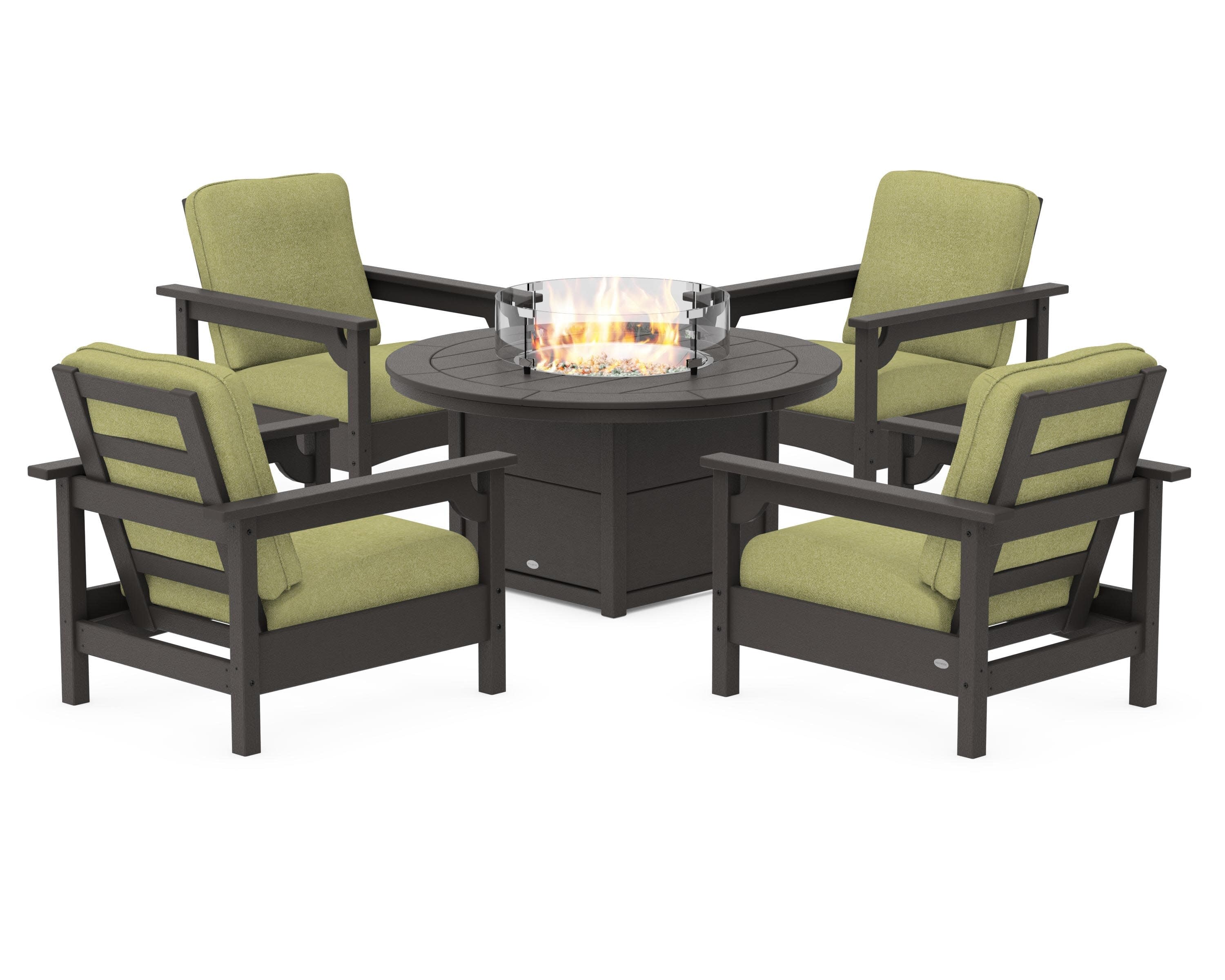 Club 5-Piece Conversation Set with Fire Pit Table in Vintage Coffee / Chartreuse Boucle