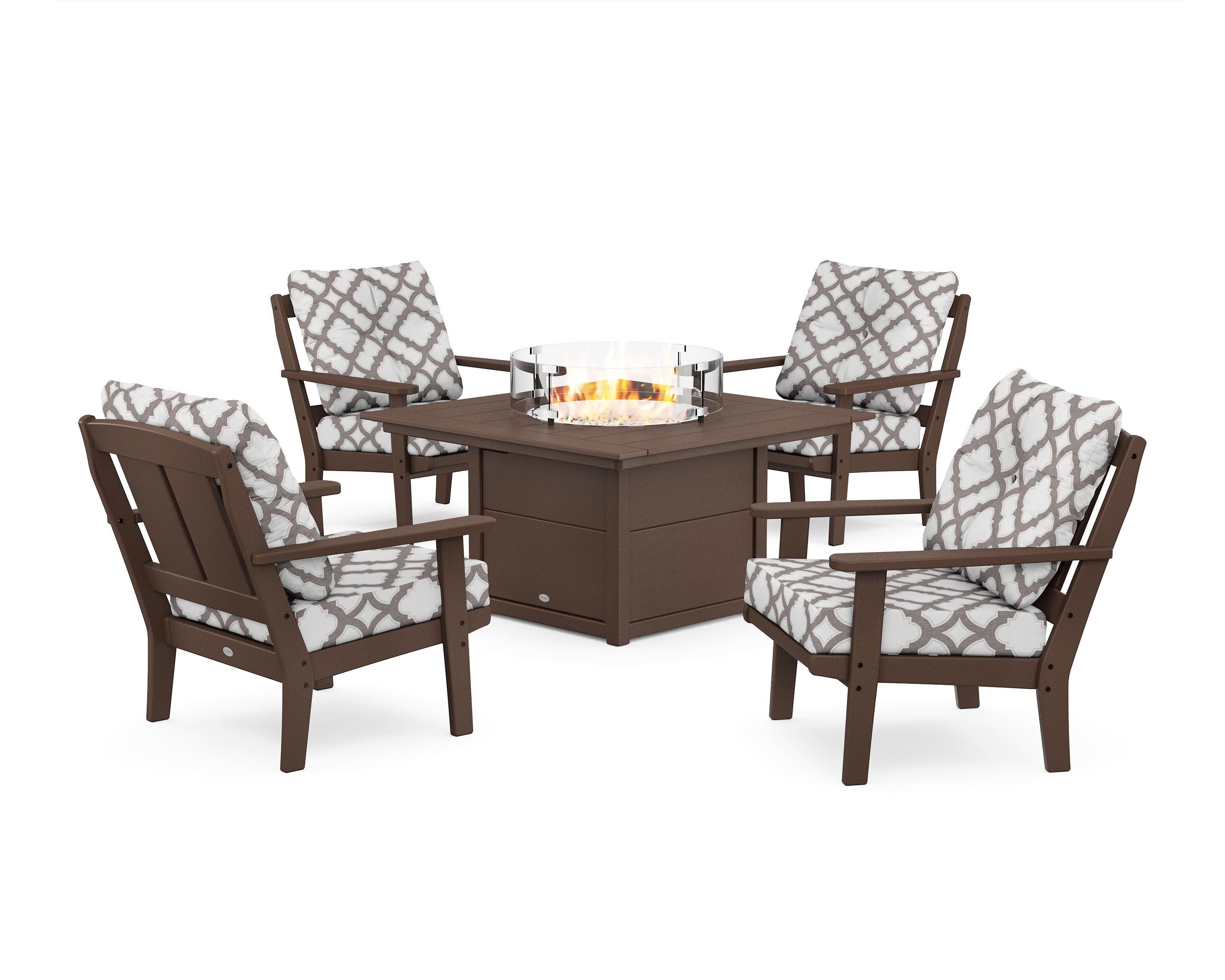 Mission 5-Piece Deep Seating Set with Fire Pit Table in Mahogany / Trellis Grey Mist