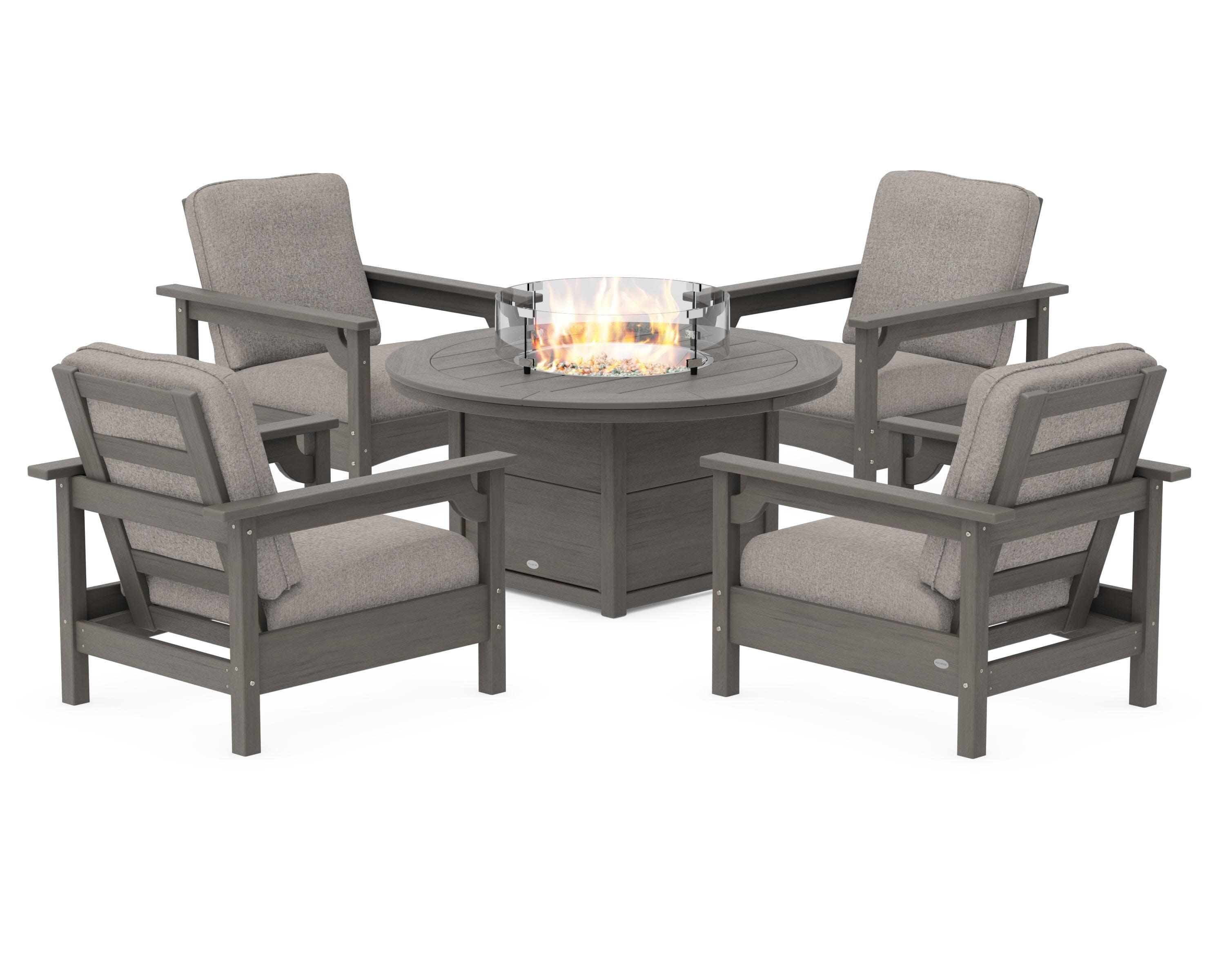Club 5-Piece Conversation Set with Fire Pit Table in Driftwood / Weathered Tweed