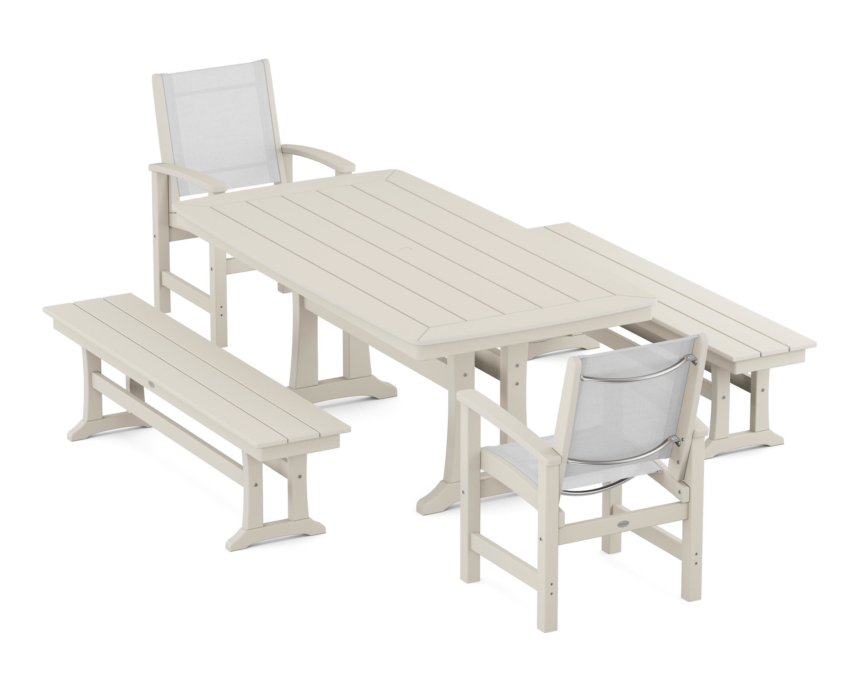 Coastal 5-Piece Dining Set with Trestle Legs and Benches in Sand / White Sling