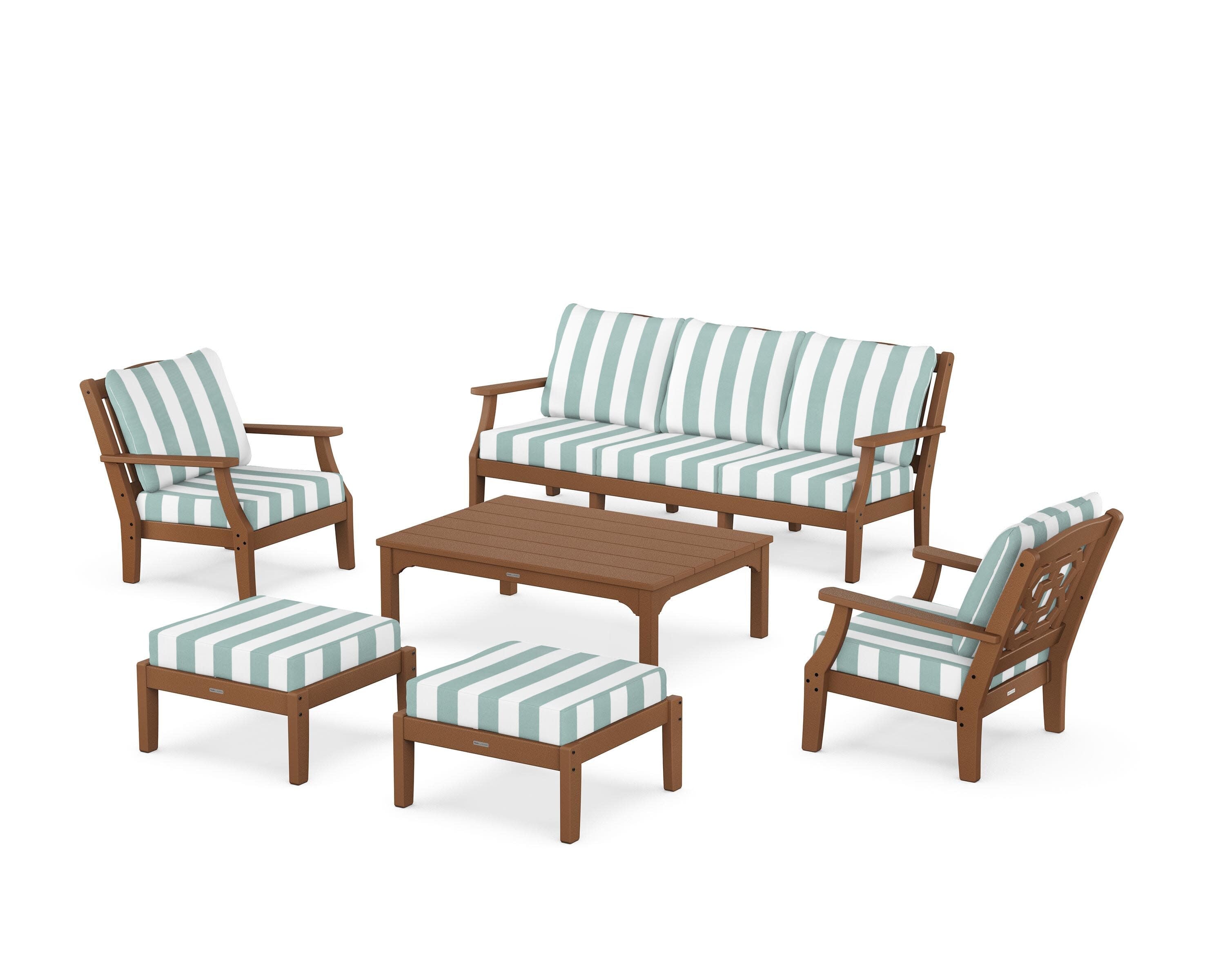 Chinoiserie 6-Piece Lounge Sofa Set in Teak / Cabana Stripe Glacier Spa