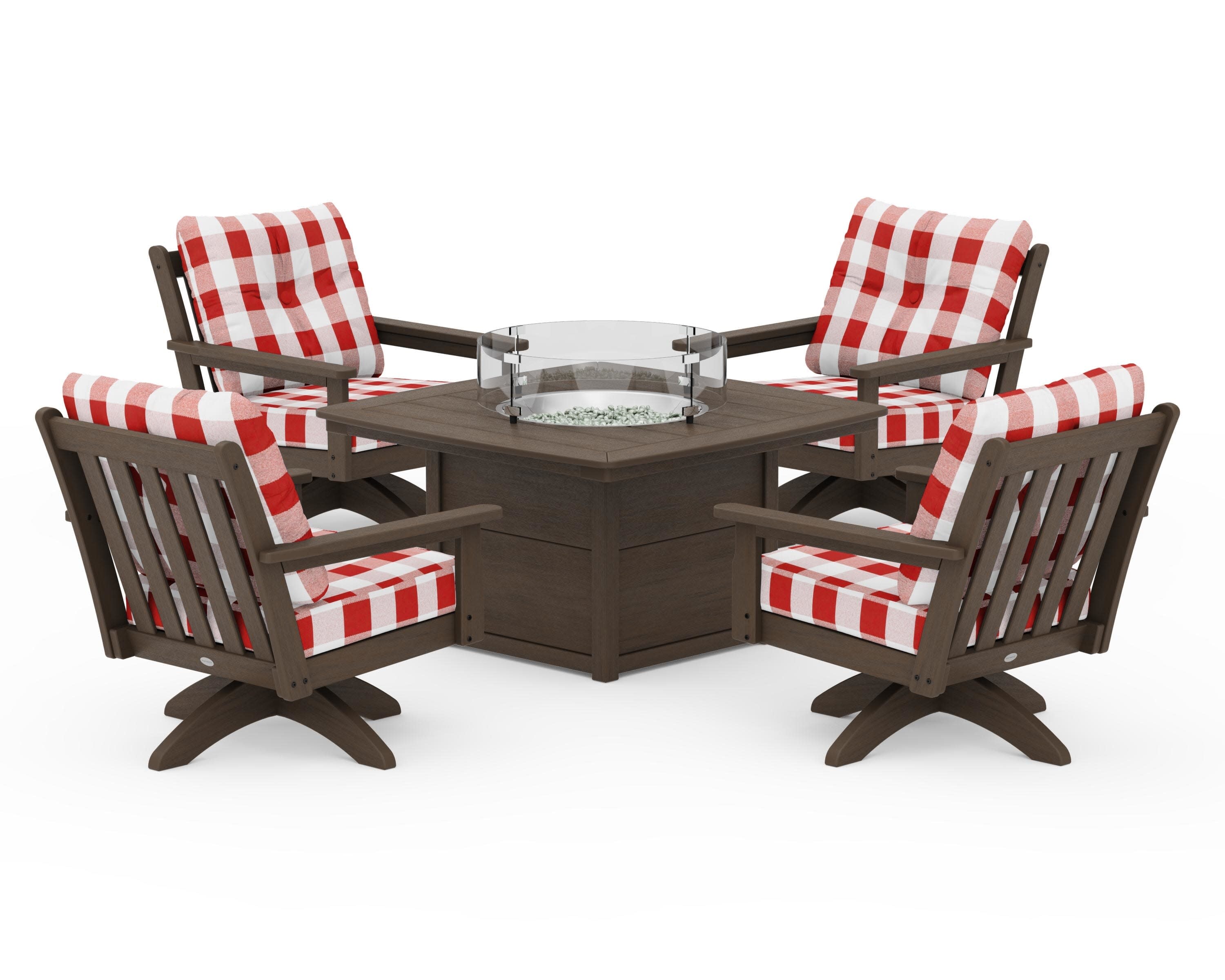 Vineyard 5-Piece Deep Seating Swivel Conversation Set with Fire Pit Table in Kona / Buffalo Plaid Crimson