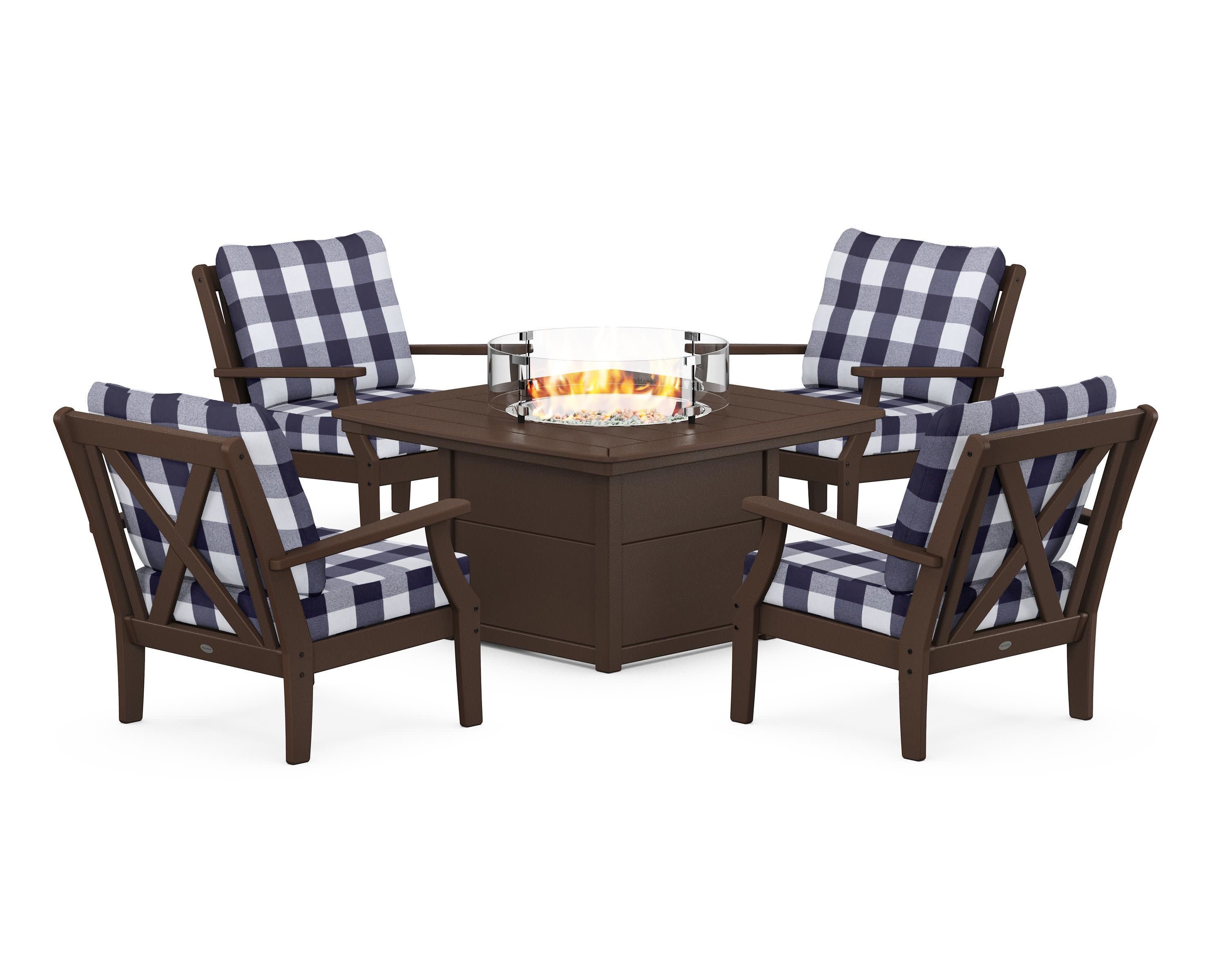 Braxton 5-Piece Deep Seating Conversation Set with Fire Pit Table in Mahogany / Buffalo Plaid Navy