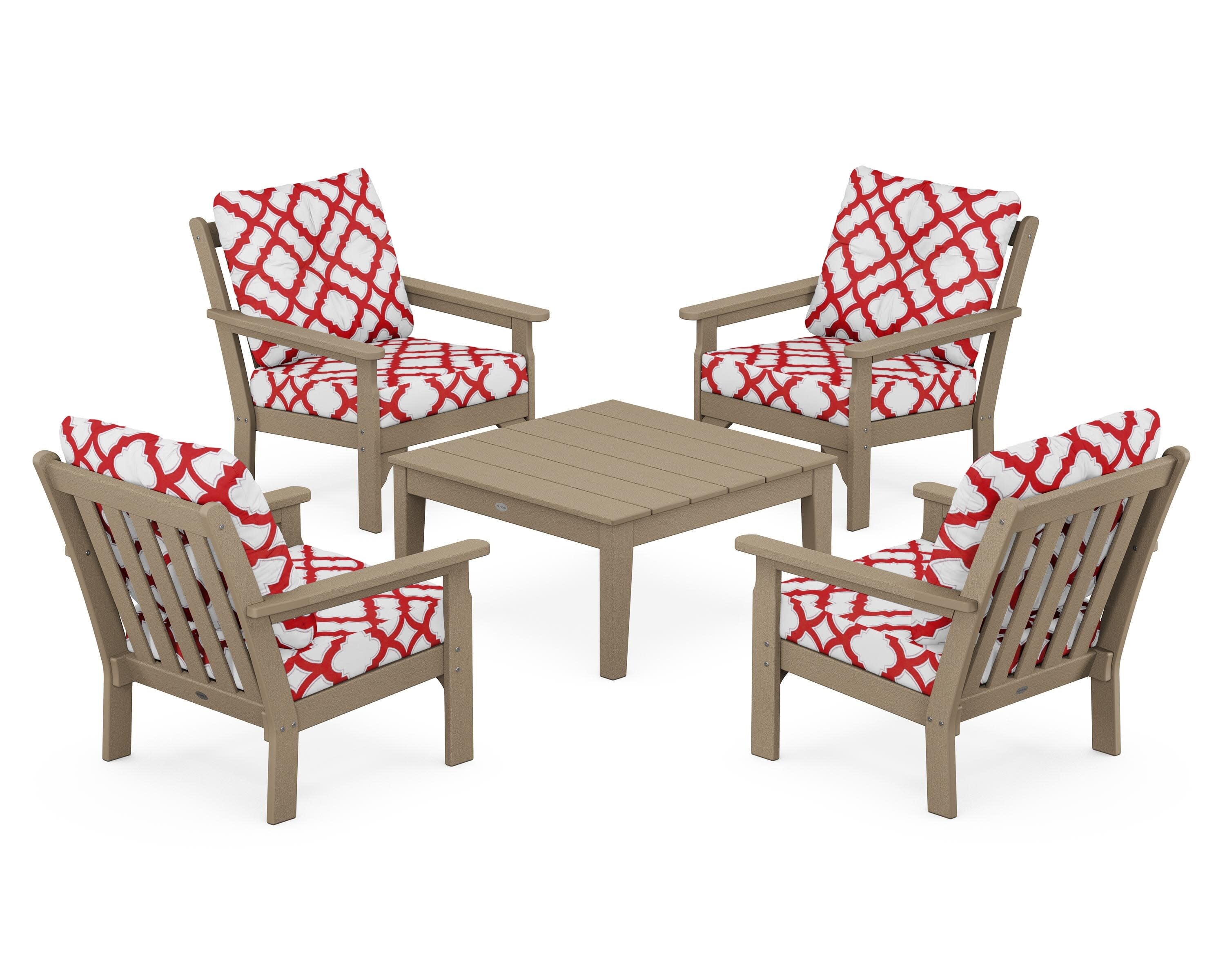 Vineyard 5-Piece Deep Seating Conversation Set in Vintage Sahara / Trellis Crimson