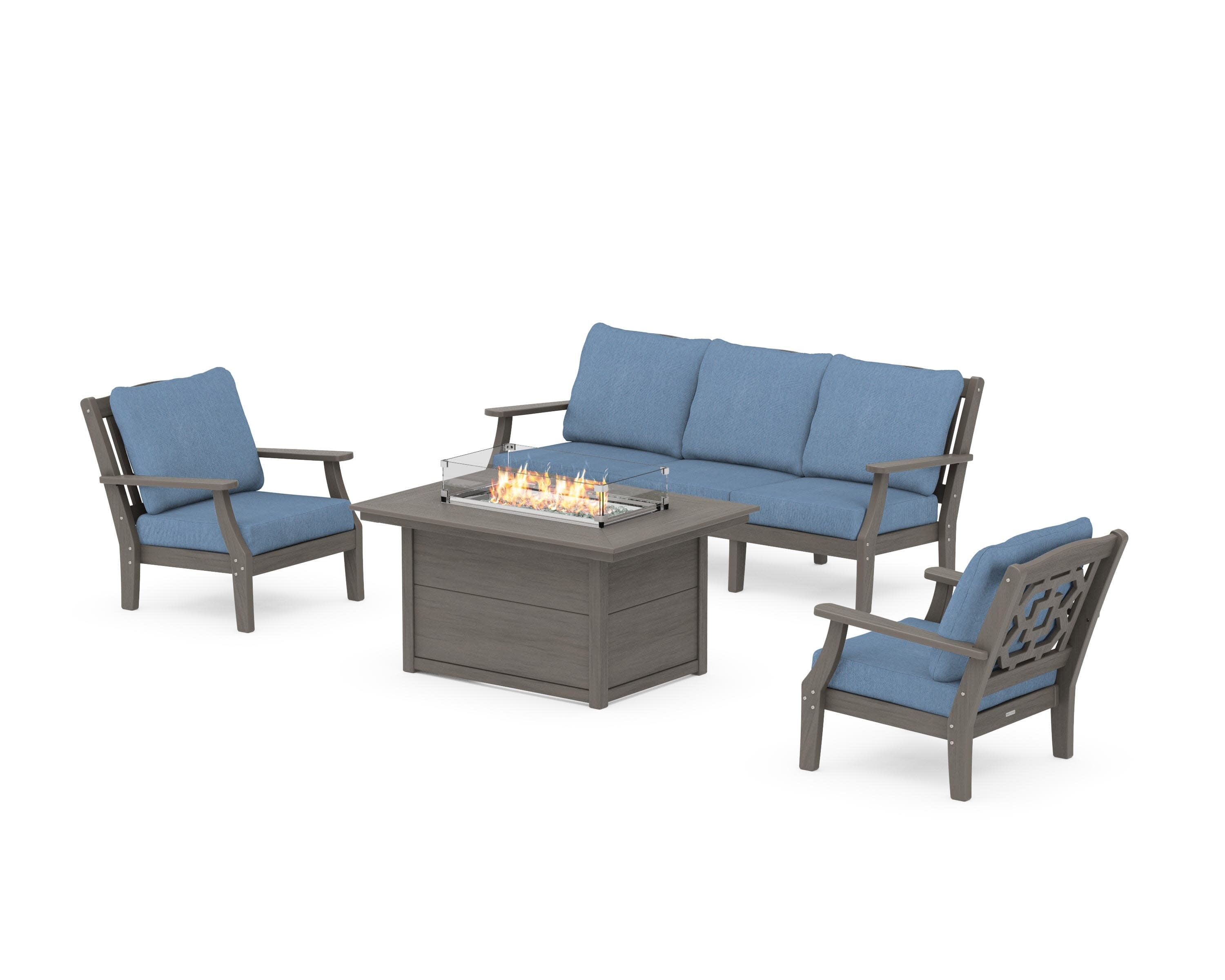Chinoiserie Deep Seating Fire Pit Table Set in Driftwood / Sky Blue