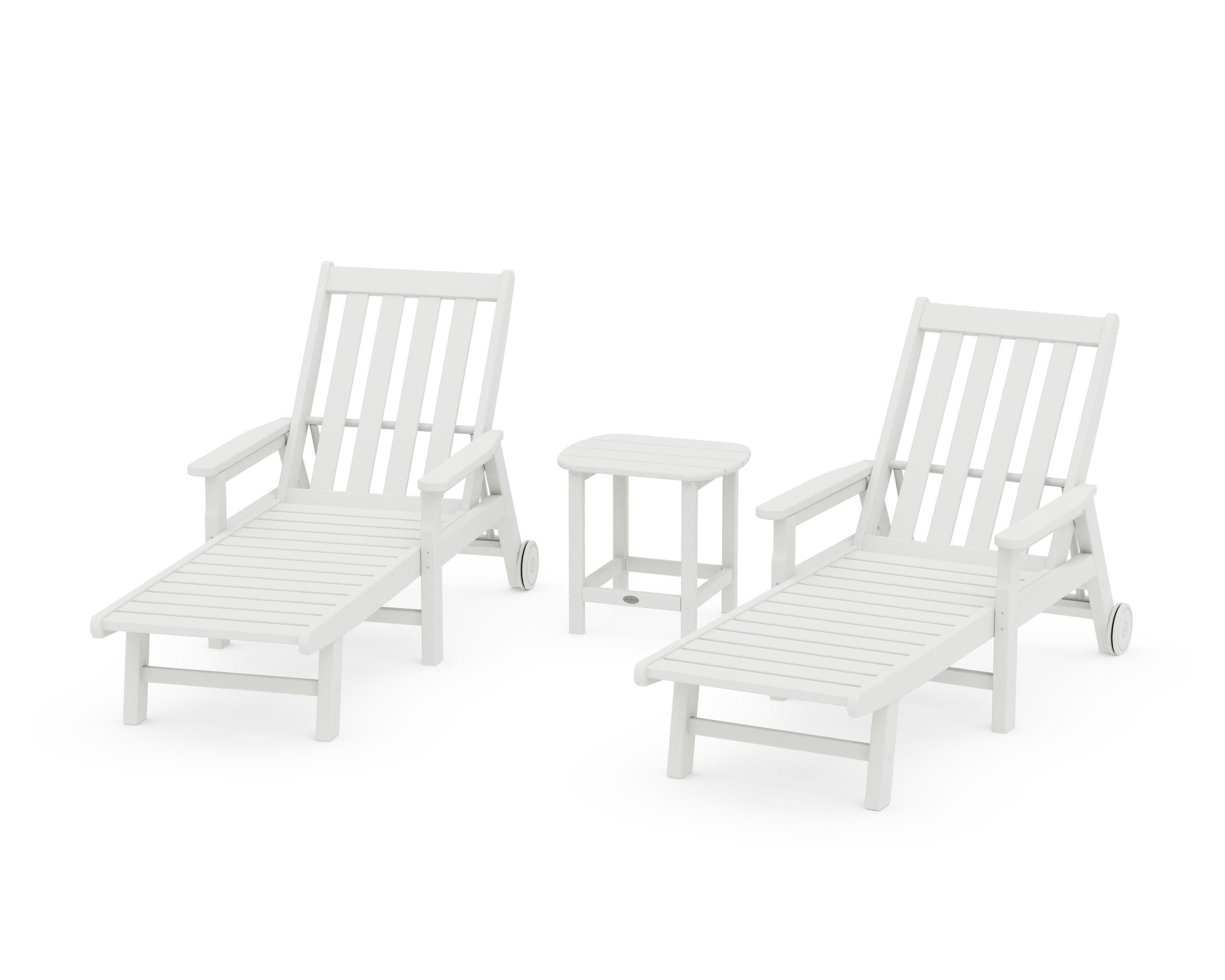 Vineyard 3-Piece Chaise with Arms and Wheels Set in Vintage White
