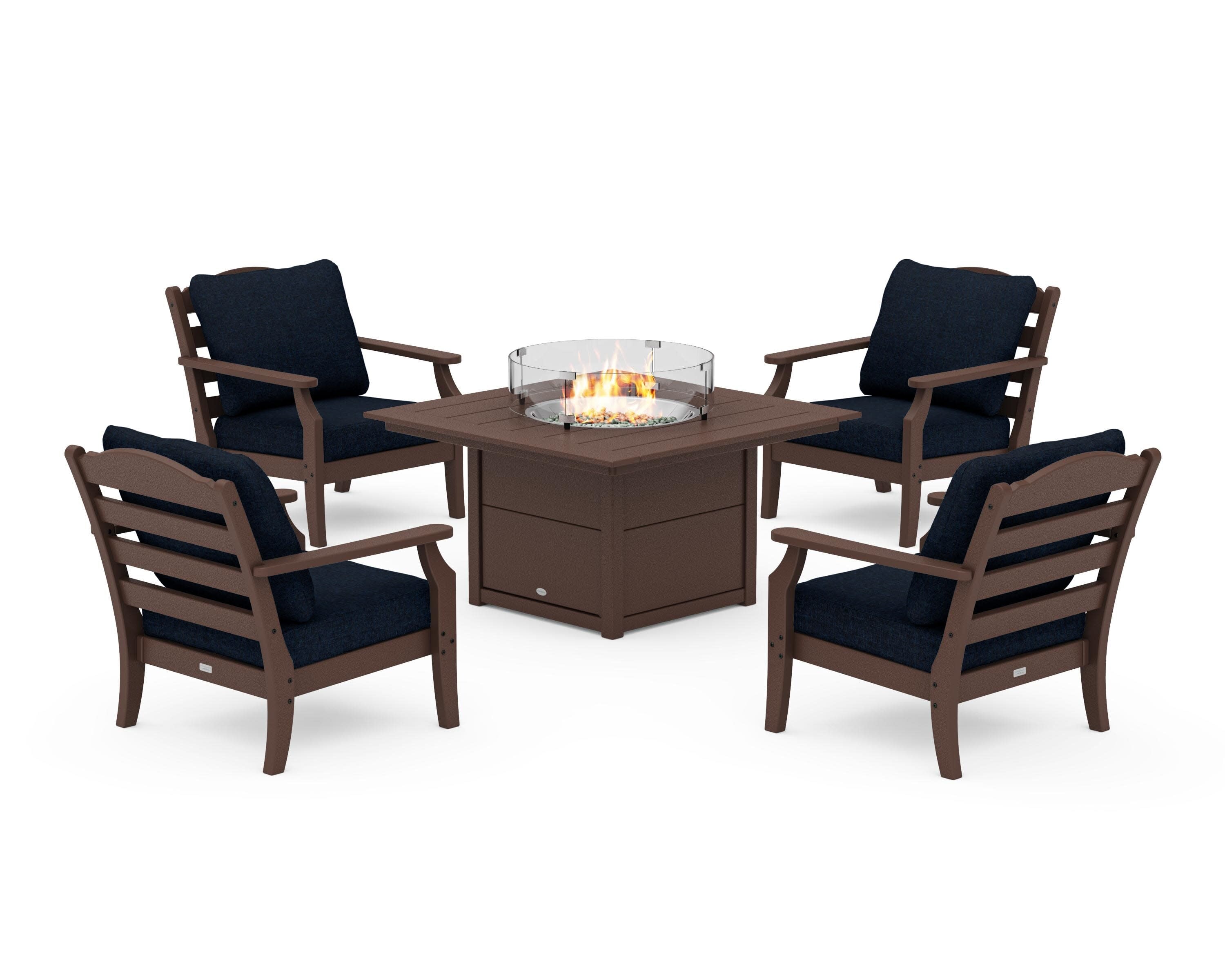 Savannah 5-Piece Deep Seating Set with Fire Pit Table in Mahogany / Marine Indigo